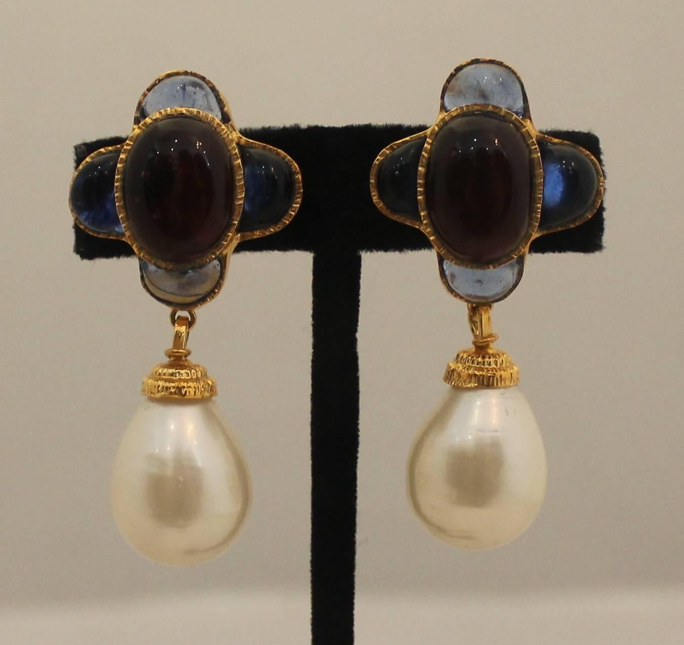 Chanel Wine & Blue Gripoix Clip-On Earrings w/ Dangling Pearl - Circa 1997.  These gorgeous Chanel earrings are in very good vintage condition with only a slightly chipped section on the bottom of one of the pearls.  They feature wine and blue