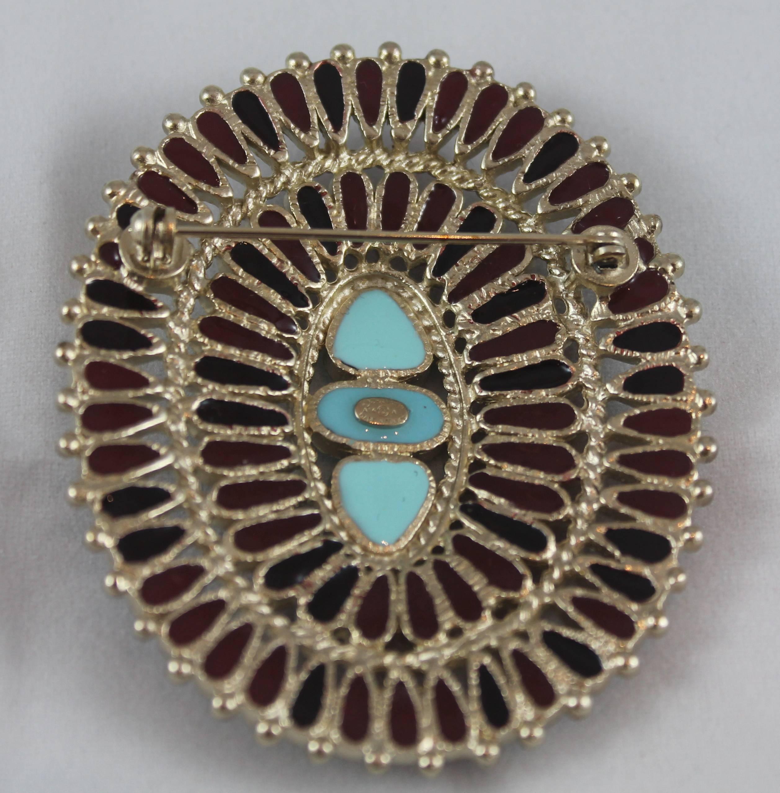 Chanel Byzantine Goldtone Red Gripoix & Turquoise Brooch - 2014  In Excellent Condition In West Palm Beach, FL