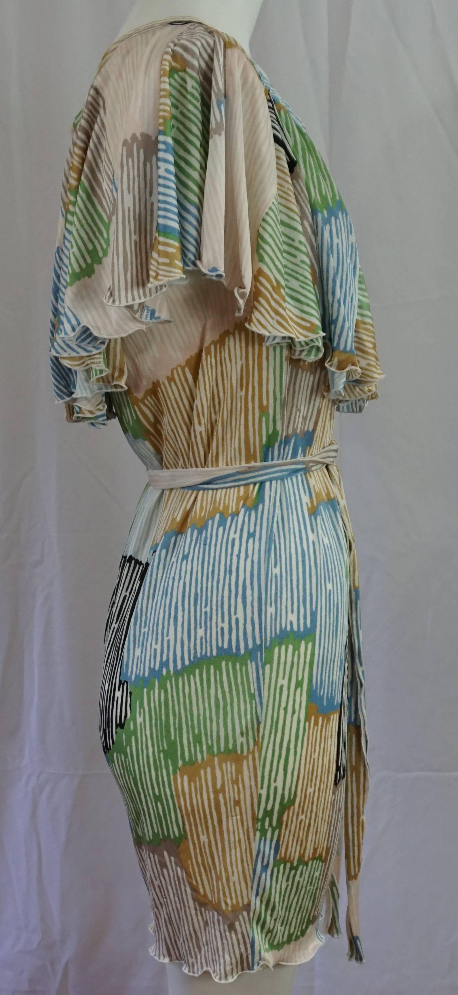 M Missoni Multi Pastel Stripes Jersey Ruffle Top Dress - 6 This dress is lined, the top has an elastic so it can be worn off the shoulder if desired. It also has a sash. 

Measurements:
Hips- 38