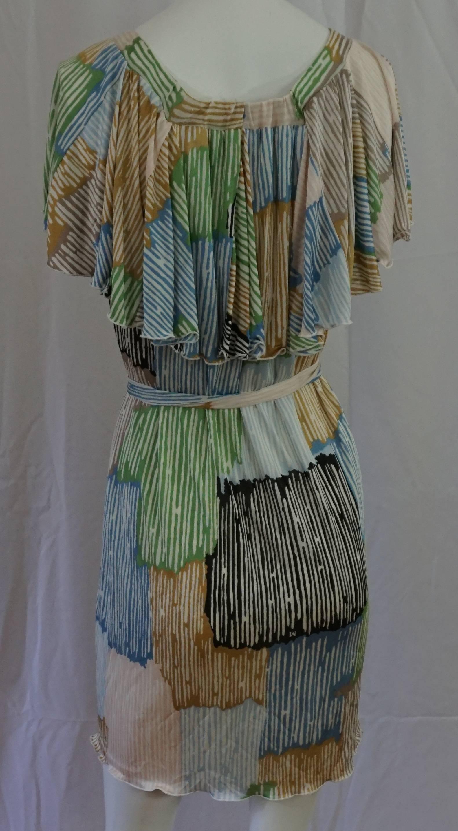 Gray M Missoni Multi Pastel Stripes Jersey Ruffle Top Dress - 6