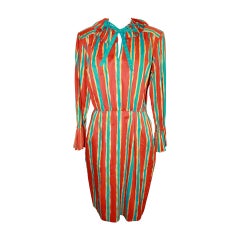 YSL 1960's Orange & Blue Striped Long Sleeve Dress - 6