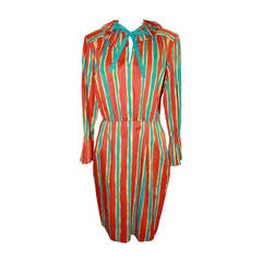 YSL 1960's Orange & Blue Striped Long Sleeve Dress - 6 6