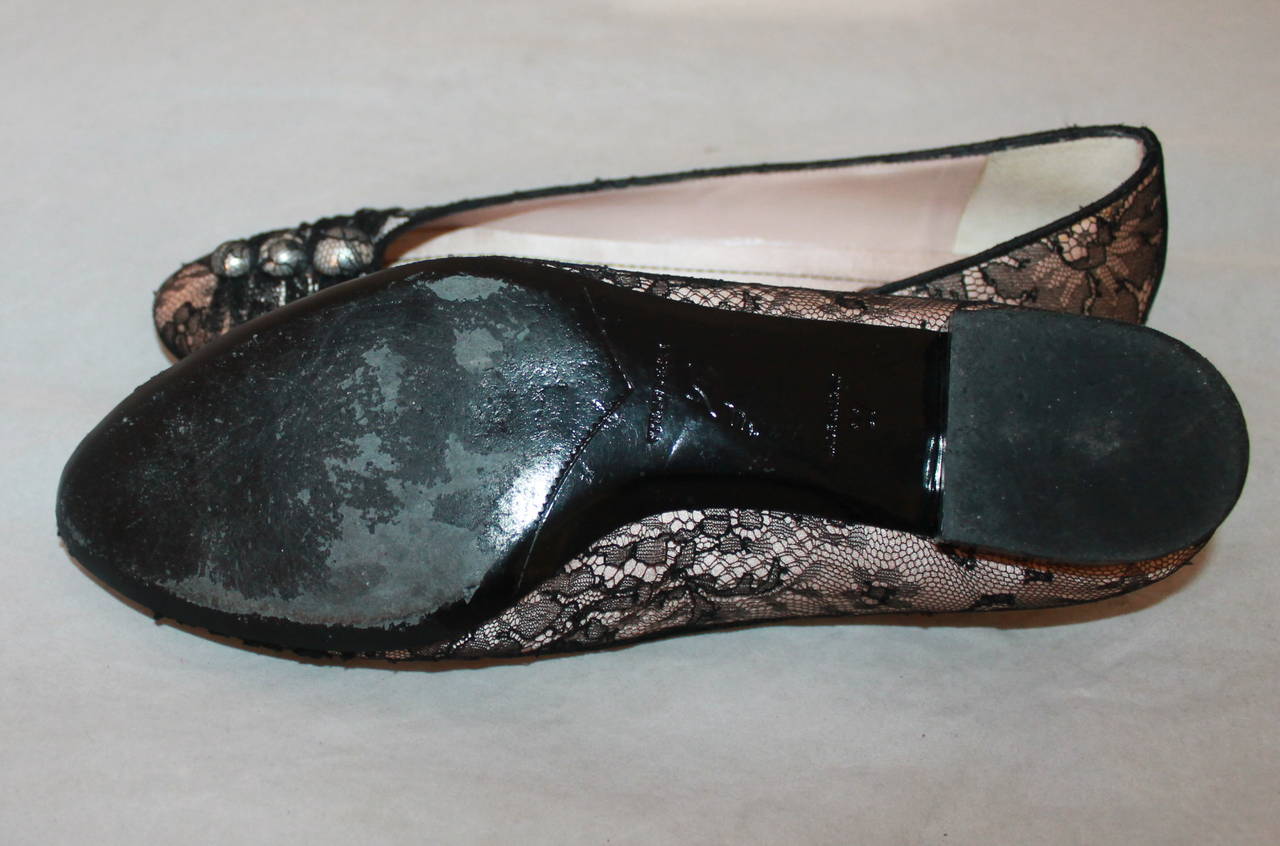 Women's Rene Caovilla Pale Pink & Black Lace Flats with Pearls - 37