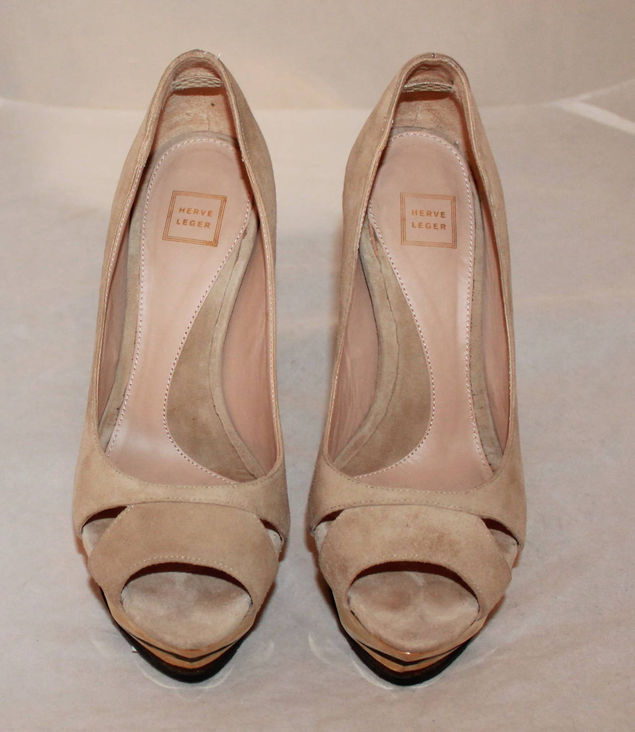 Herve Leger Nude Suede Gold Geometric-Cut Heels - 35.5