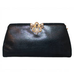 Judith Leiber Vintage Navy Lizard Evening Bag with Pearl & Stone Clasp