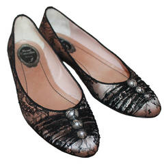 Rene Caovilla Pale Pink & Black Lace Flats with Pearls - 37