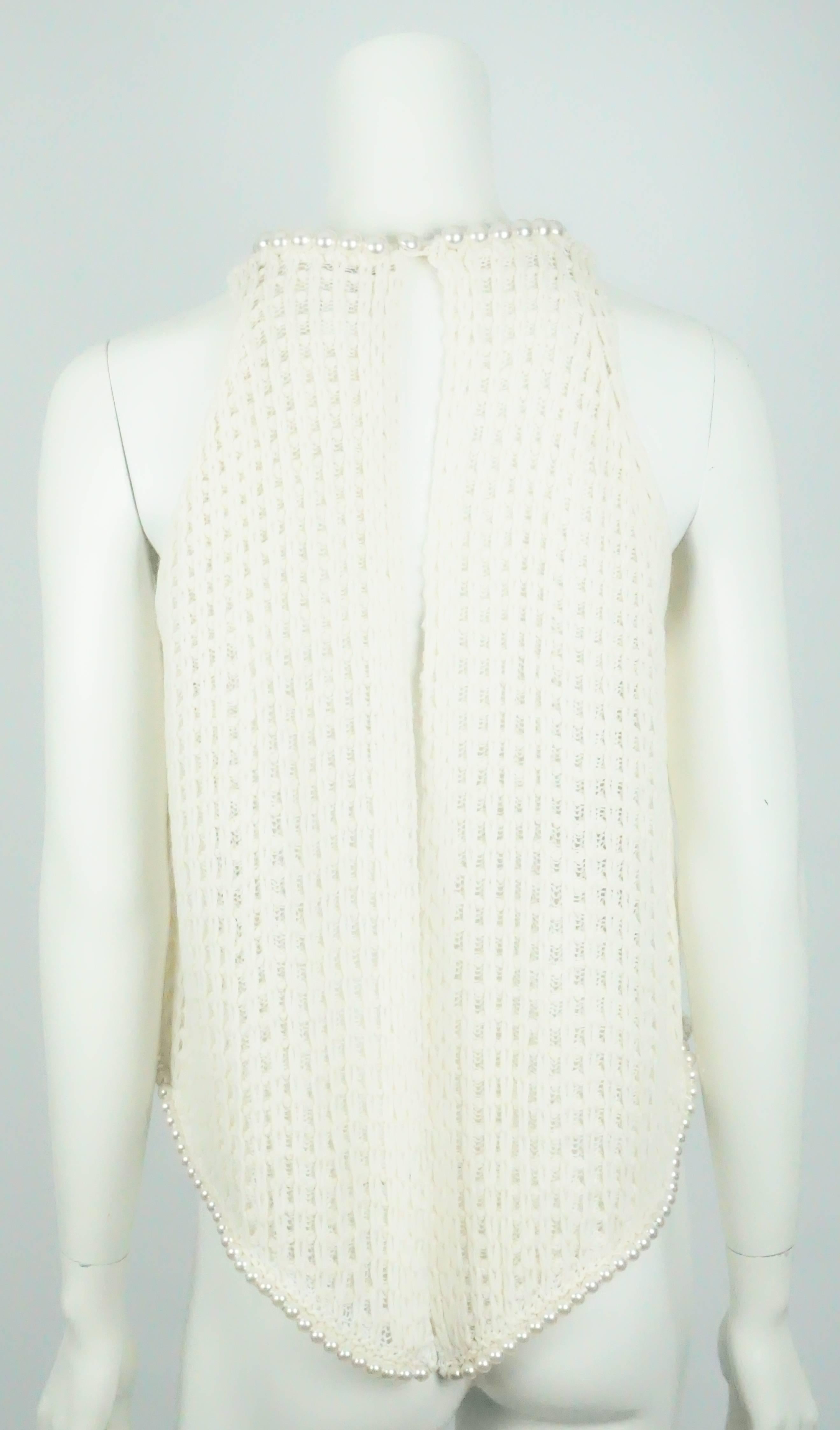 White Chanel Ivory Silk and Cotton Crochet Knit Top with Pearl Detail - 40- 09P