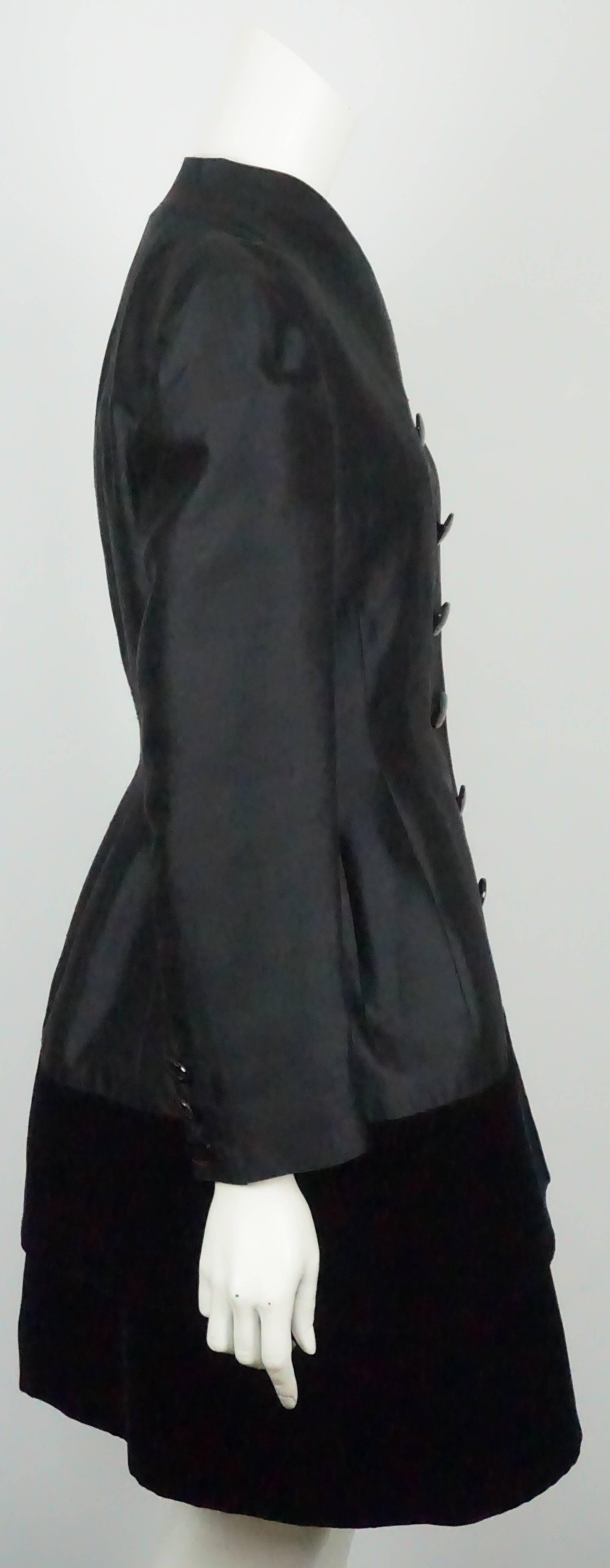 Valentino Black Silk and Velvet Dress with Coat - 10 - Circa 80's  This spectacular and timeless vintage dress and coat is in excellent condition with the exception of one button missing on the coat. The silk dress is sleeveless and has a velvet