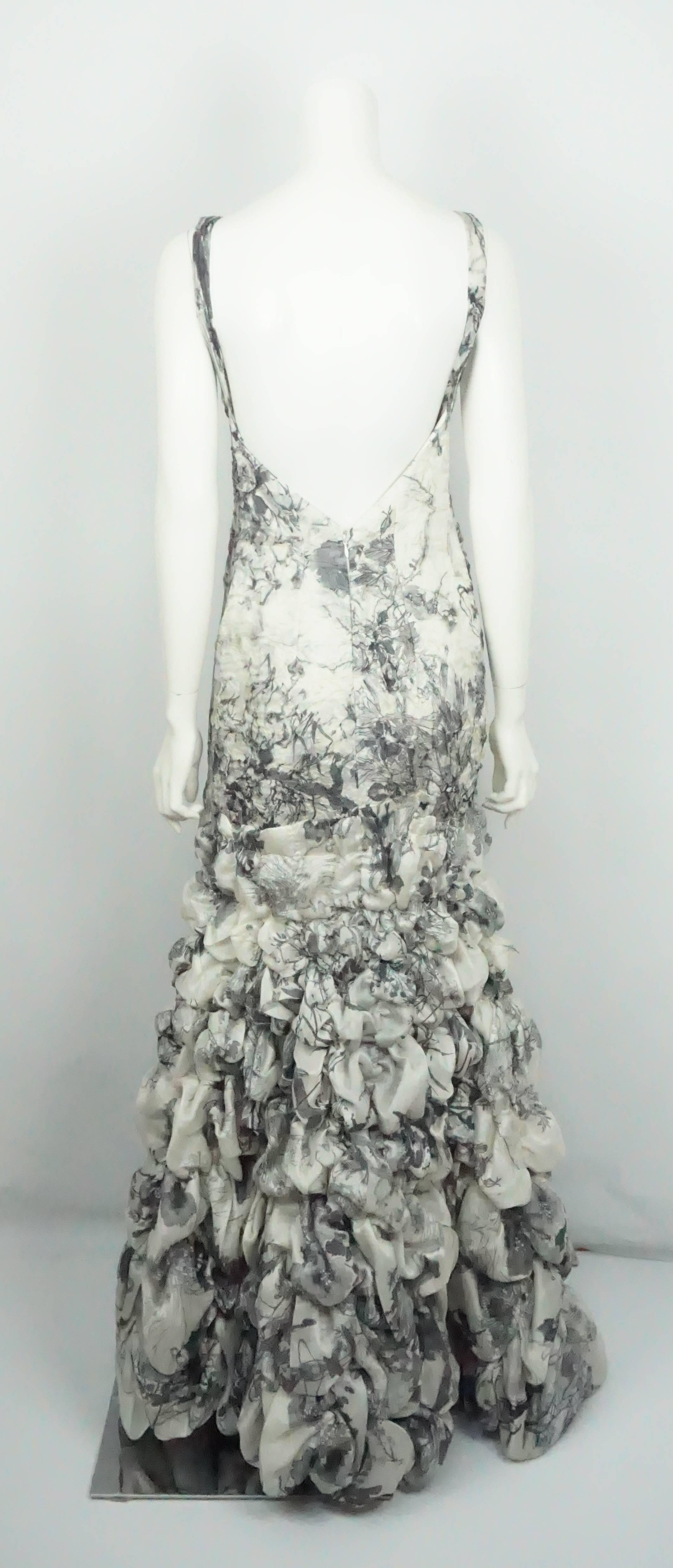 Gray Carlos Miele Ivory and Dark Grey Print Silk Organza Gown - 42