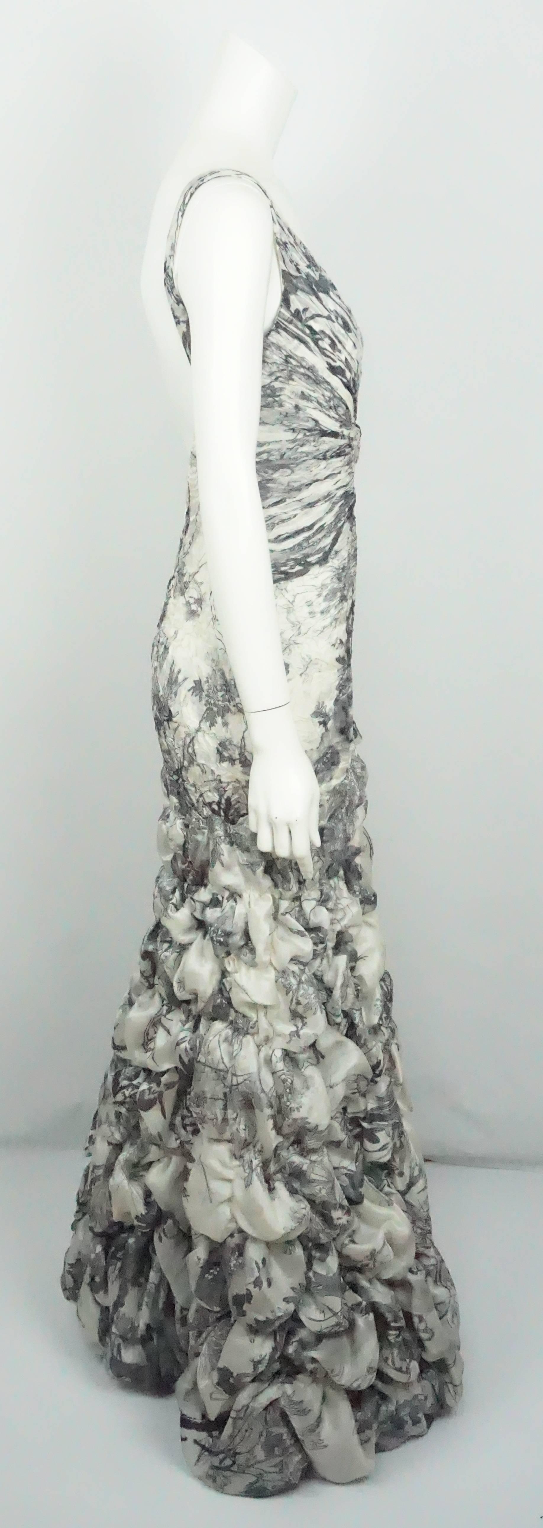 Carlos Miele Ivory and Dark Grey Print Silk Organza Gown - 42  If you are looking for a head turning, showstopping gown you have found it. This elegant and sophisticated yet sexy gown is the perfect mix.  The front of the gown is fitted along the