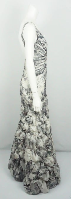 Carlos Miele Ivory and Dark Grey Print Silk Organza Gown - 42