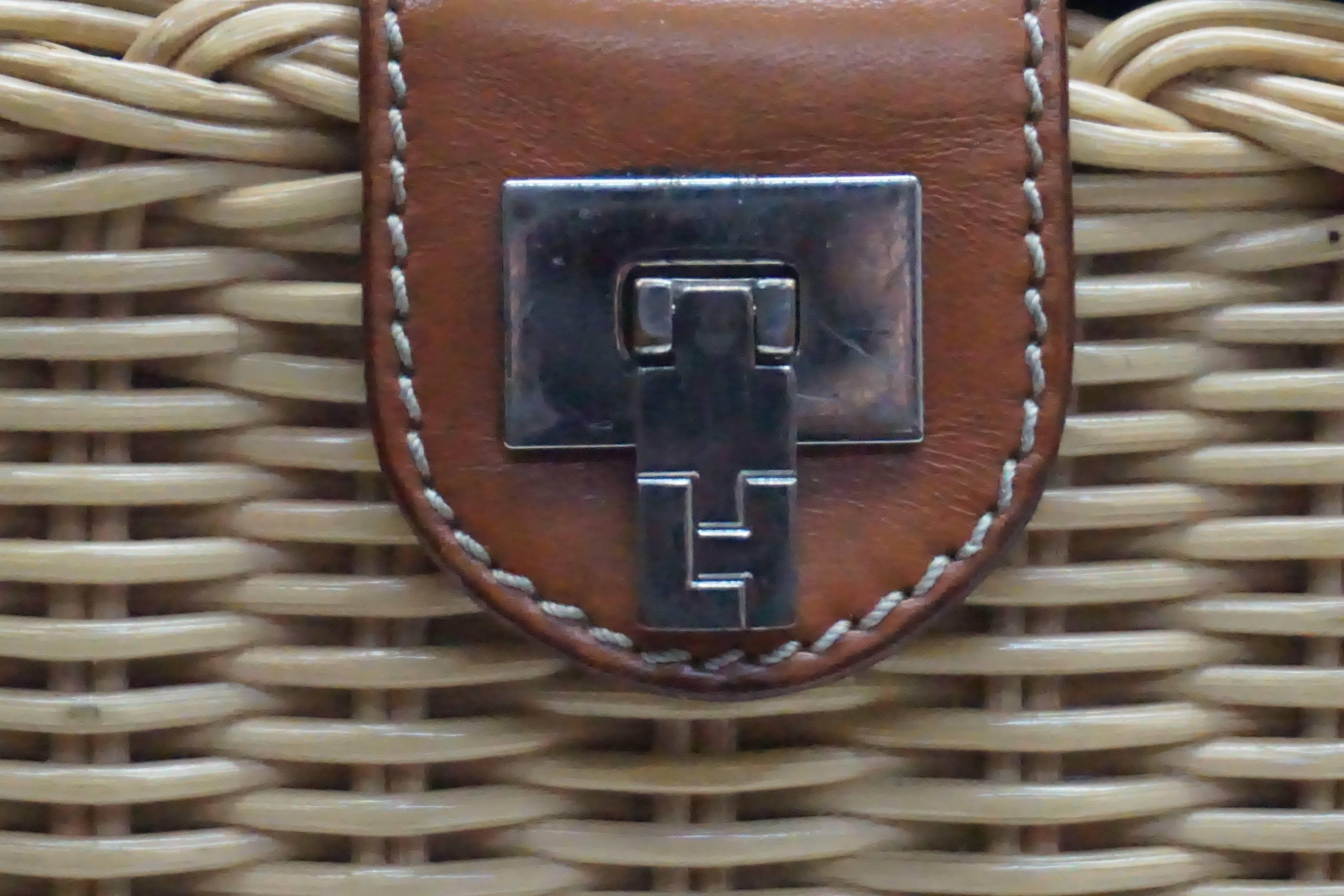 Women's Lambertson Truex Wicker and Brown Leather Handbag For Sale