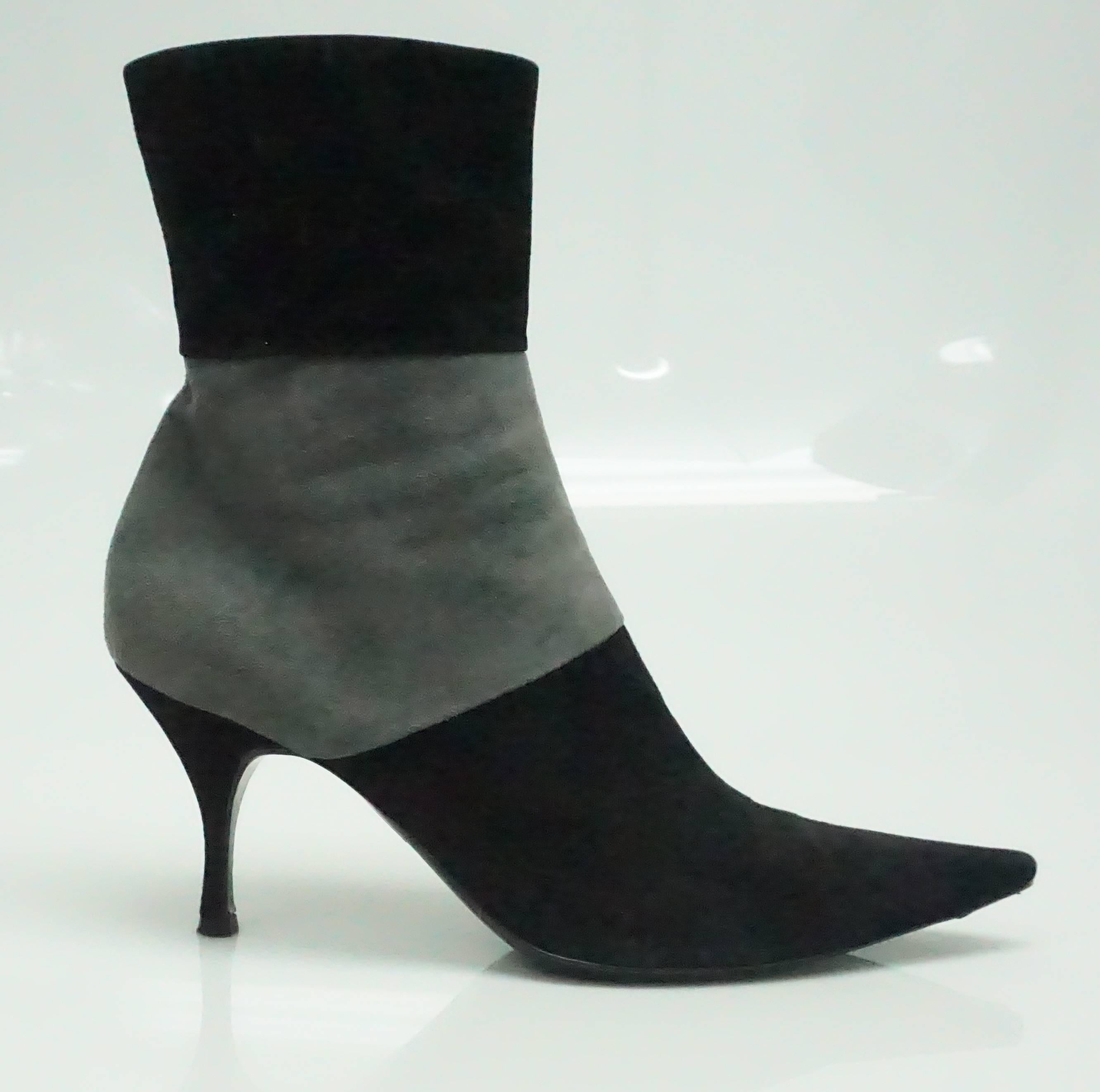 Sergio Rossi Black and Grey Suede Short Boot - 39.5  These sharp looking short boots are in very good condition. The go to just below the calf. The have a pointed toe and a side zip. The heel is a stiletto and is 3.25