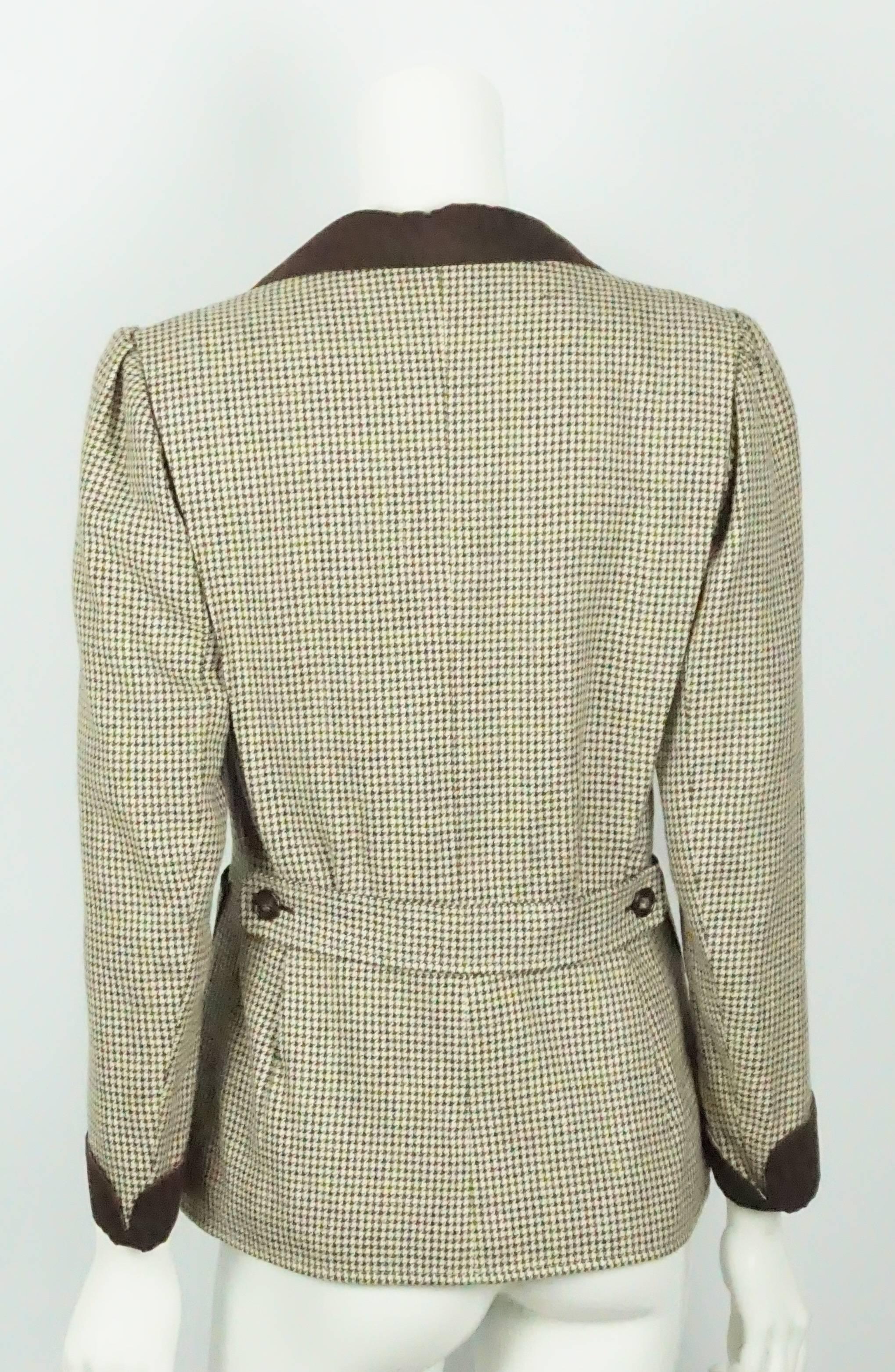 Beige Yves Saint Laurent Earthtone Houdstooth 4 Pocket Wool Jacket - 40 - 70's