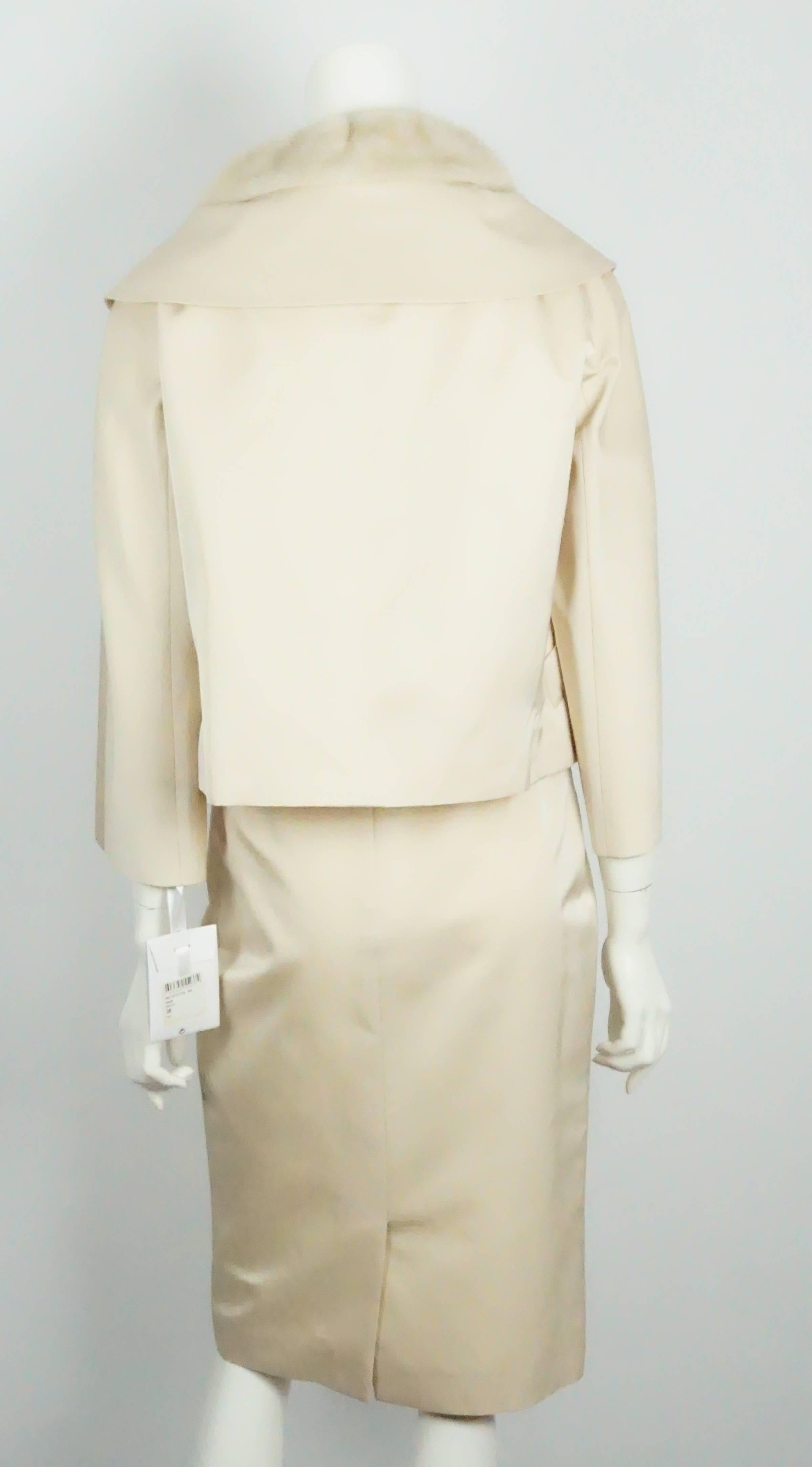 Beige Christian Dior Ecru Silk Skirt Suit with Mink Collar - 38 - NWT