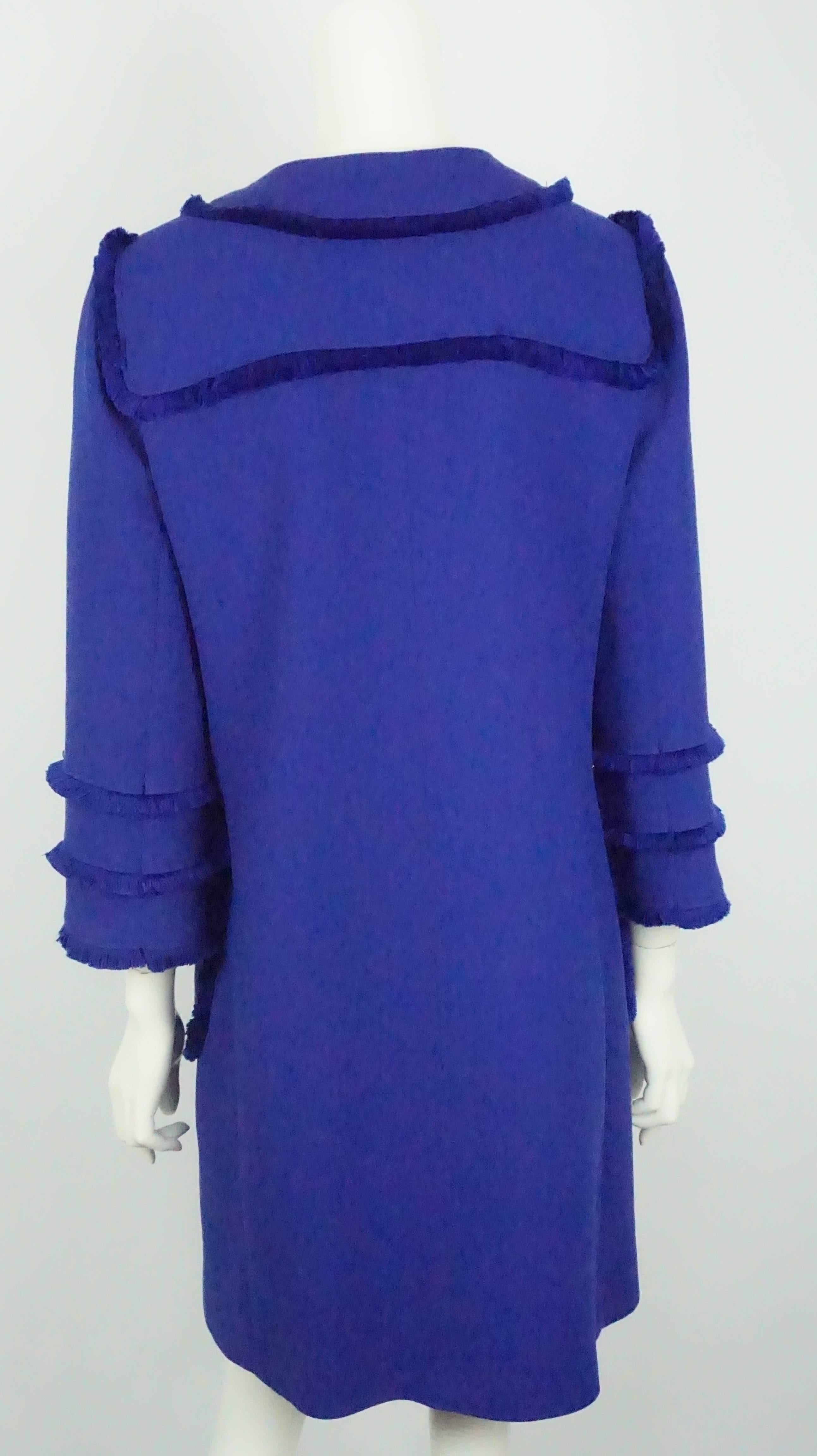 Andrew GN Royal Blue Wool Coat with Fringe - 42 In Excellent Condition In West Palm Beach, FL