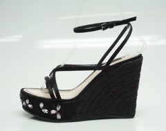 Louis Vuitton Black Silk and Raffia Wedge with Pink Stones - 37