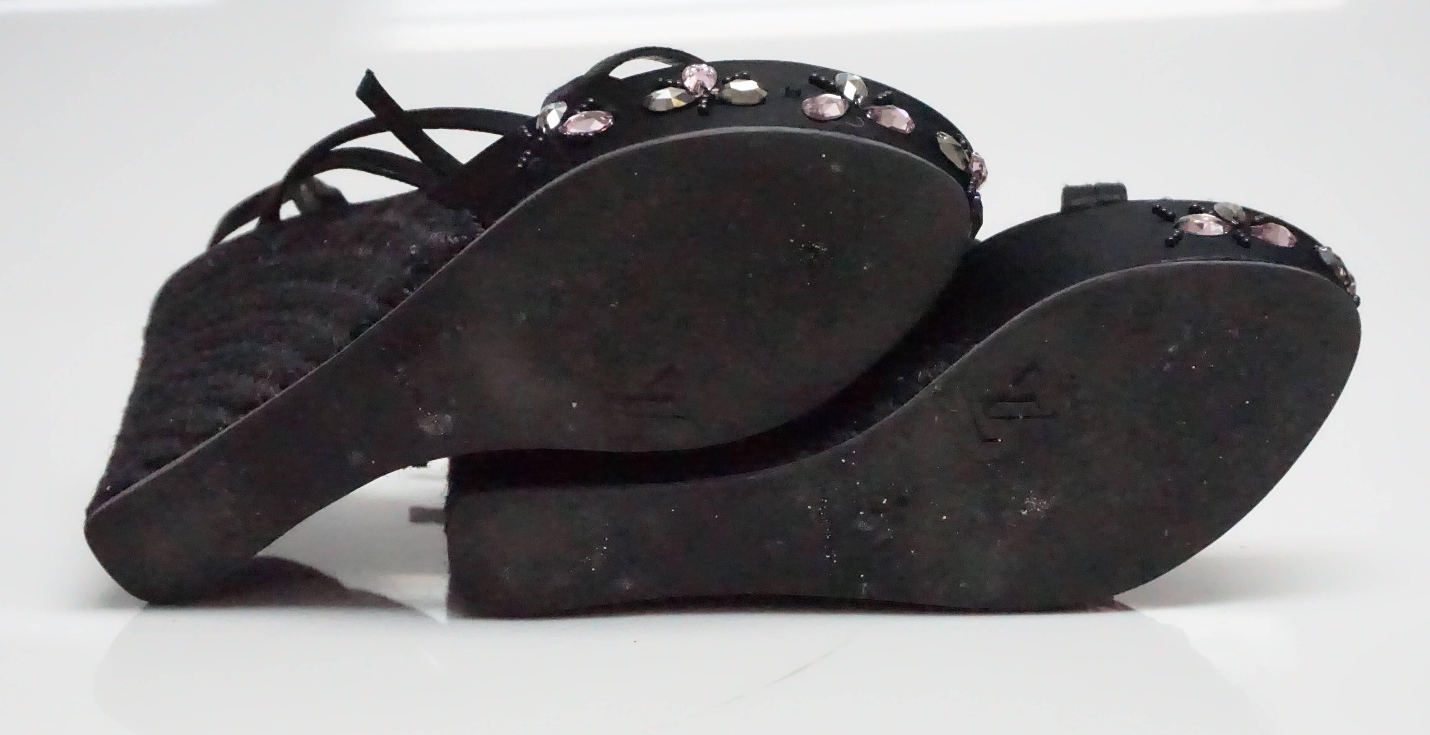 Women's Louis Vuitton Black Silk and Raffia Wedge with Pink Stones - 37
