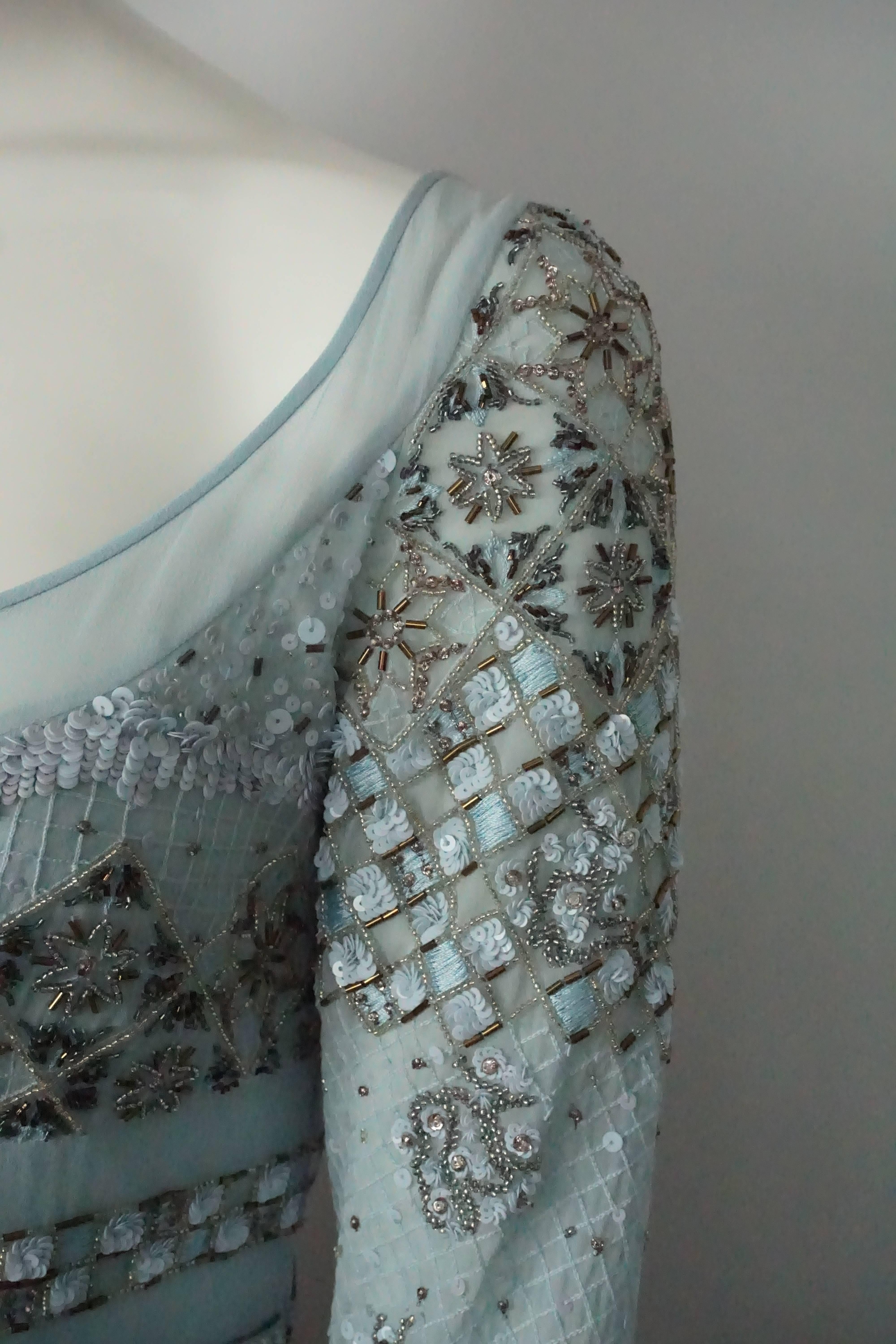 Gray Emilio Pucci Aqua Silk Chiffon Fully Beaded Dress 