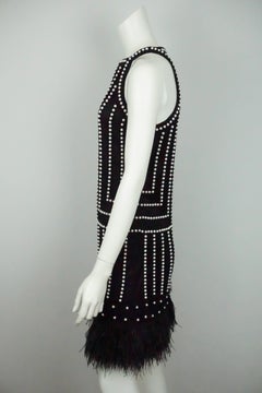 Joanna Mastroianni Black Sleeveless Pearl Beaded Dress with Feathers