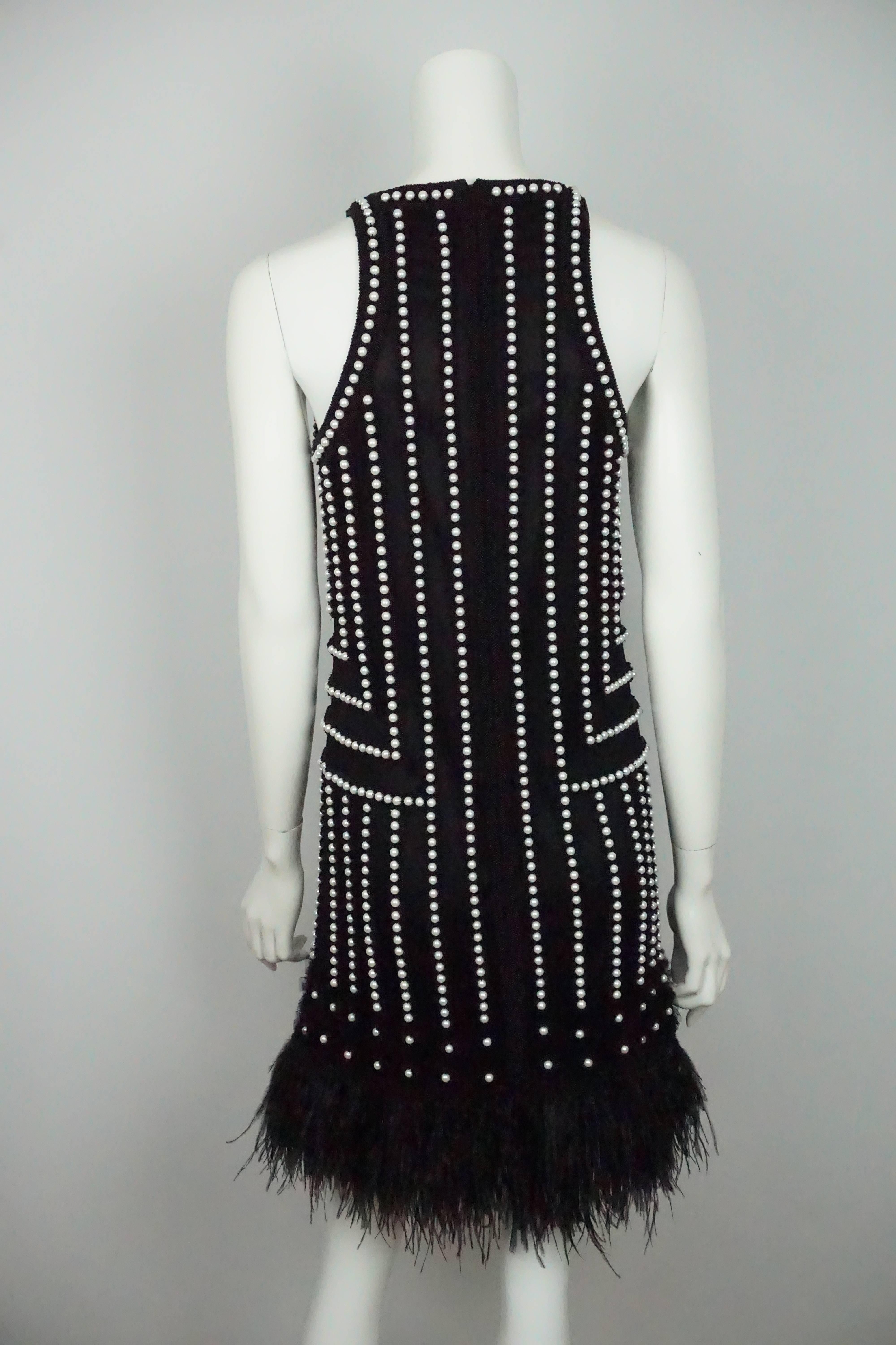 Joanna Mastroianni Black Sleeveless Pearl Beaded Dress with Feathers  In Excellent Condition In West Palm Beach, FL