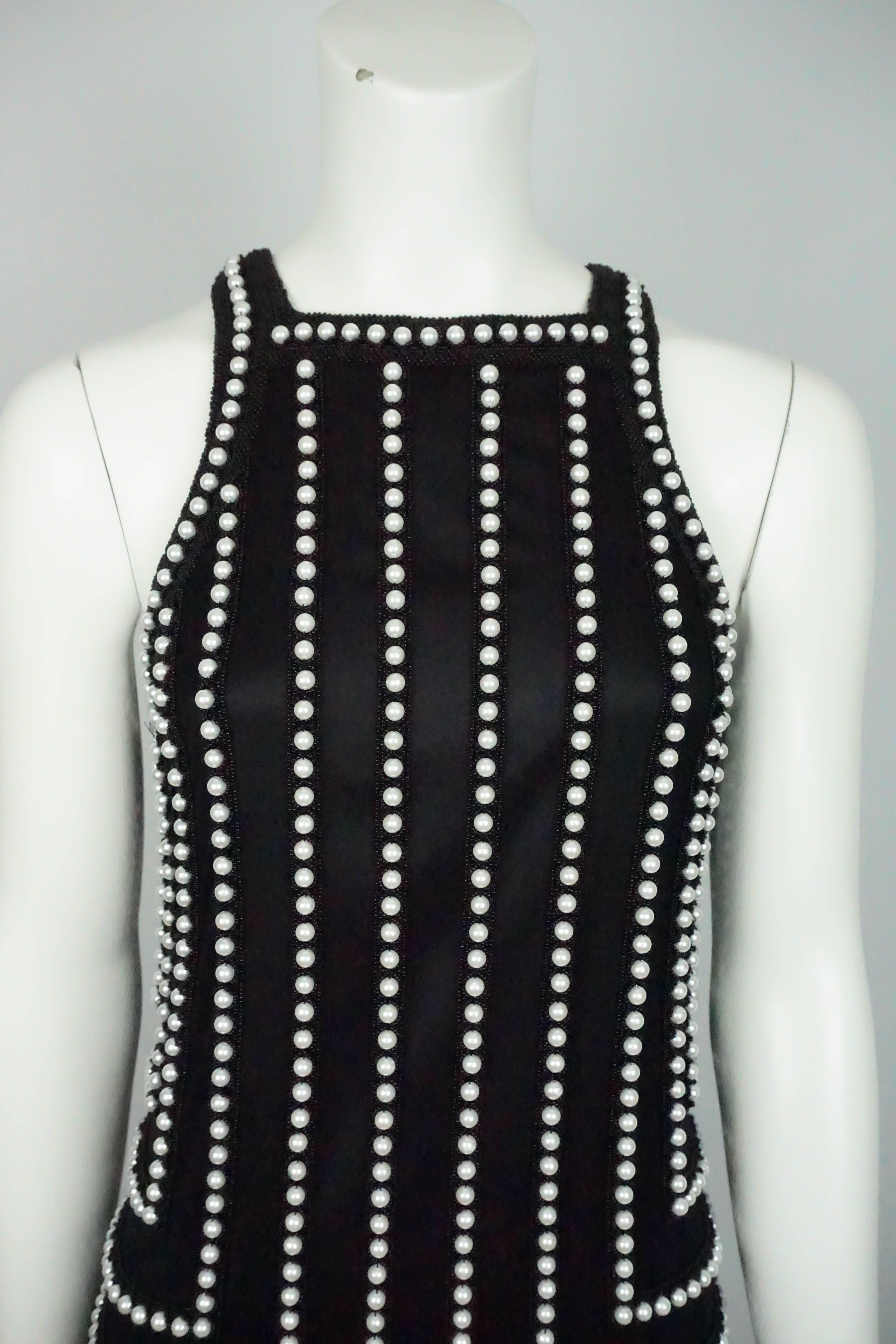 Women's Joanna Mastroianni Black Sleeveless Pearl Beaded Dress with Feathers 