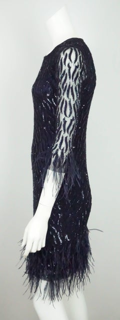 Joanna Mastroianni Navy Beaded Dress with Feathers