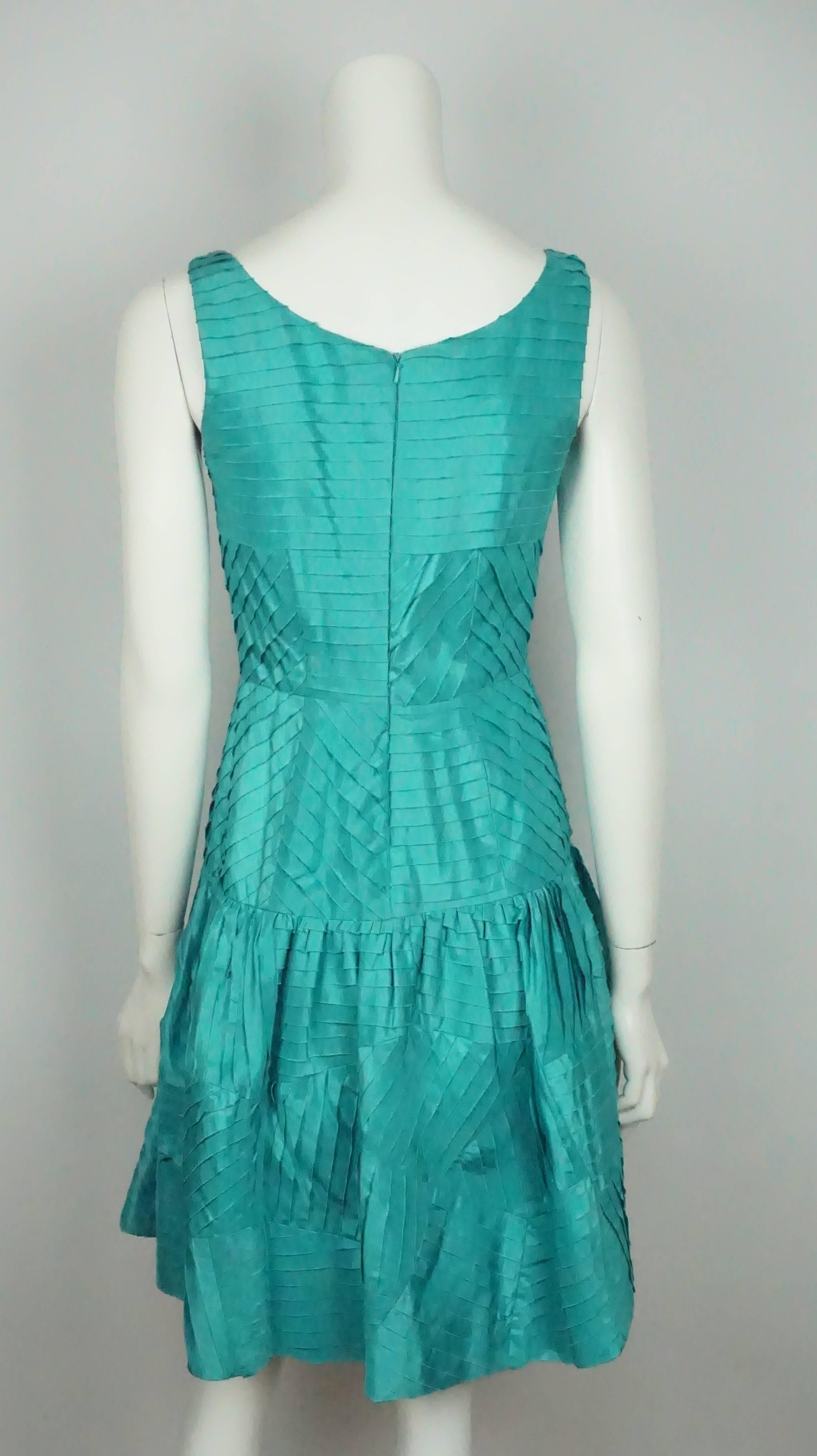 Blue Oscar De La Renta Teal Silk Shutter Pleat Dress 