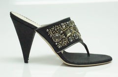Oscar De La Renta Black Linen High Heel Thong Strap - 38.5