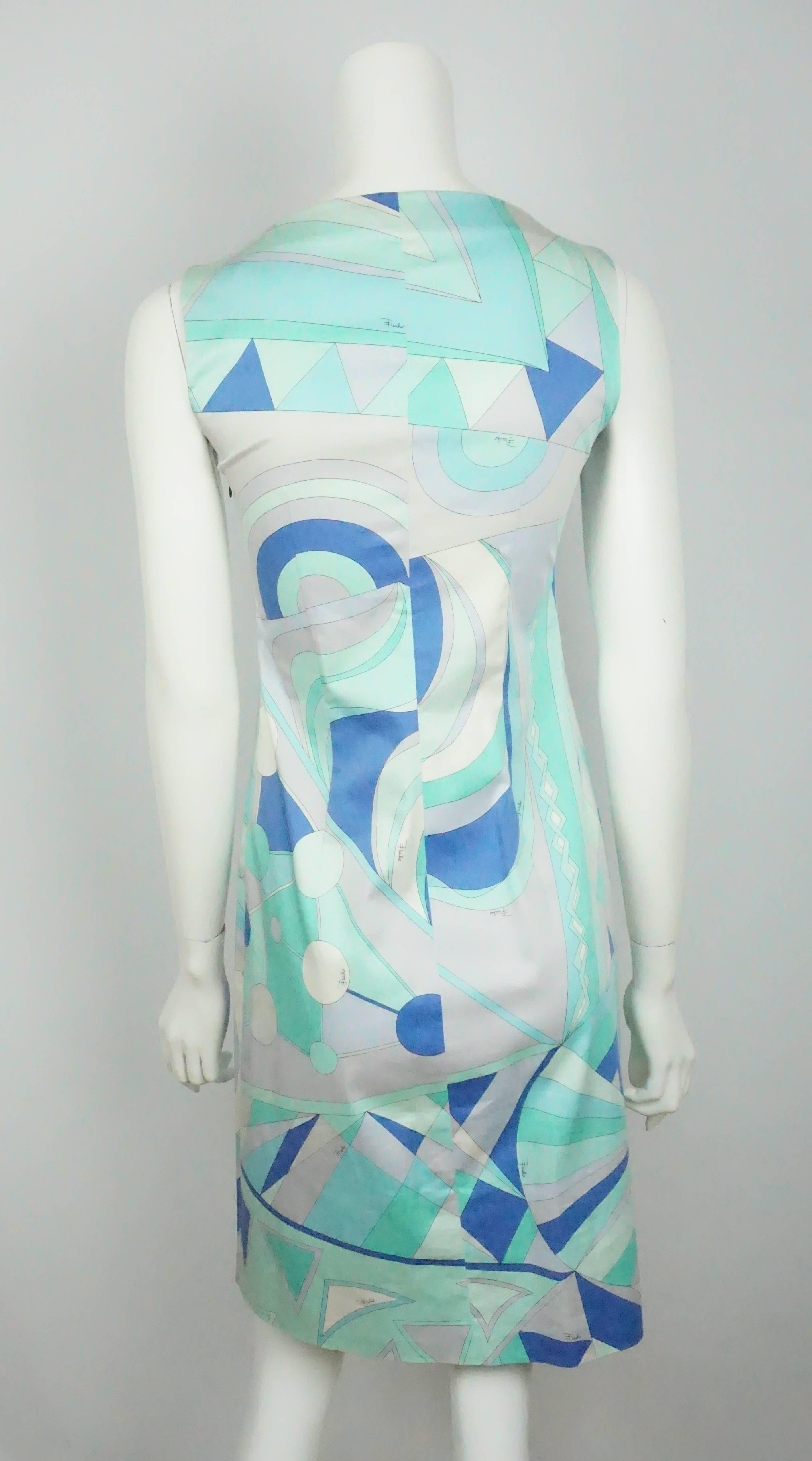Emilio Pucci Blue & Aqua Cotton Print Sleeveless Dress - 38 F - 6 US In Excellent Condition In West Palm Beach, FL