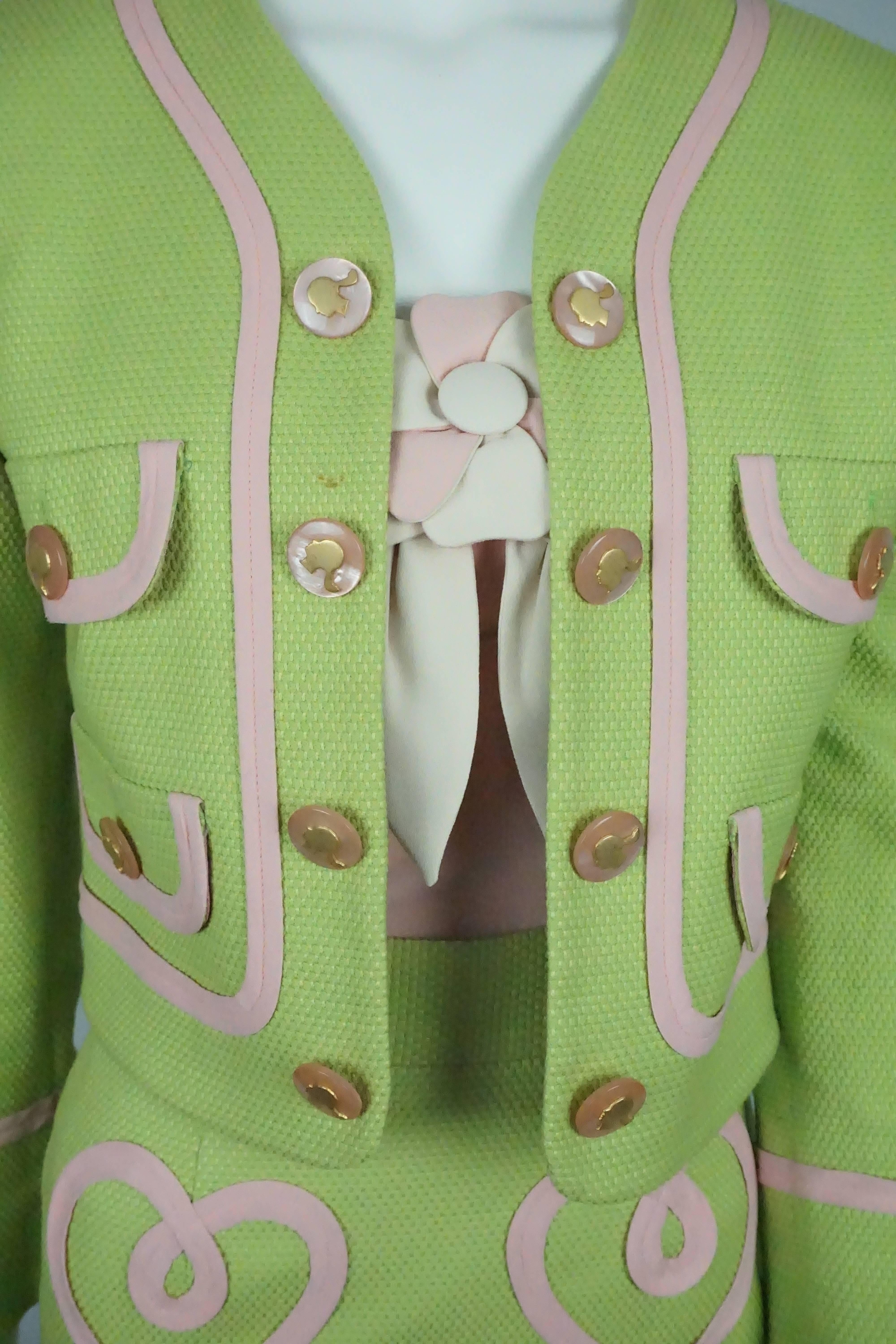 Moschino Cheap and Chic Jacket/Skirt/Top Lime Green Pique w/ Pink Silk Trim - 4 1