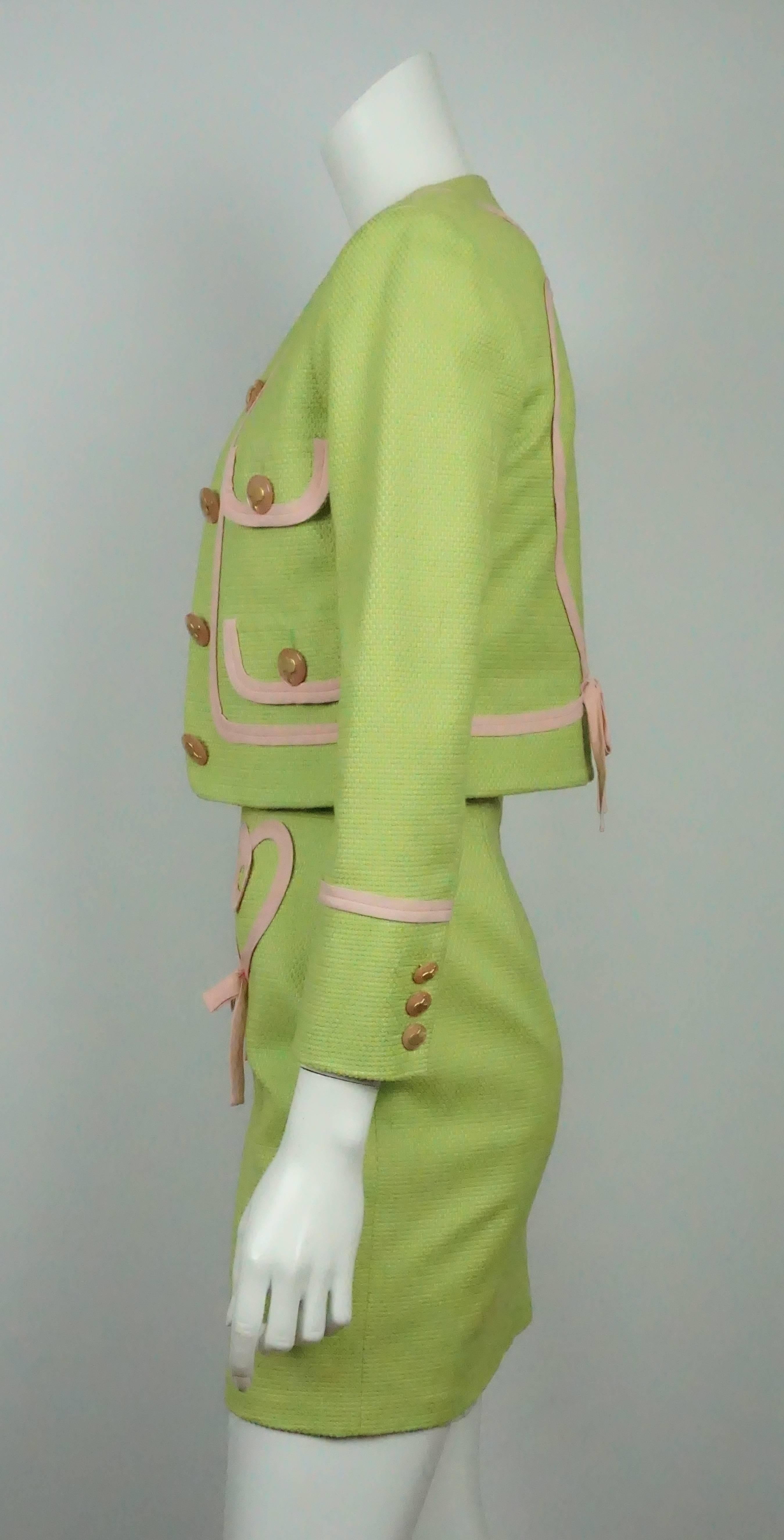Moschino Cheap and Chic Jacket/Skirt/Top Lime Green Pique w/ Pink Silk Trim - 4  The entire unique three piece suit is in excellent condition. The jacket is made of green cotton pique and lined with rayon printed fabric. The jacket also has a bias