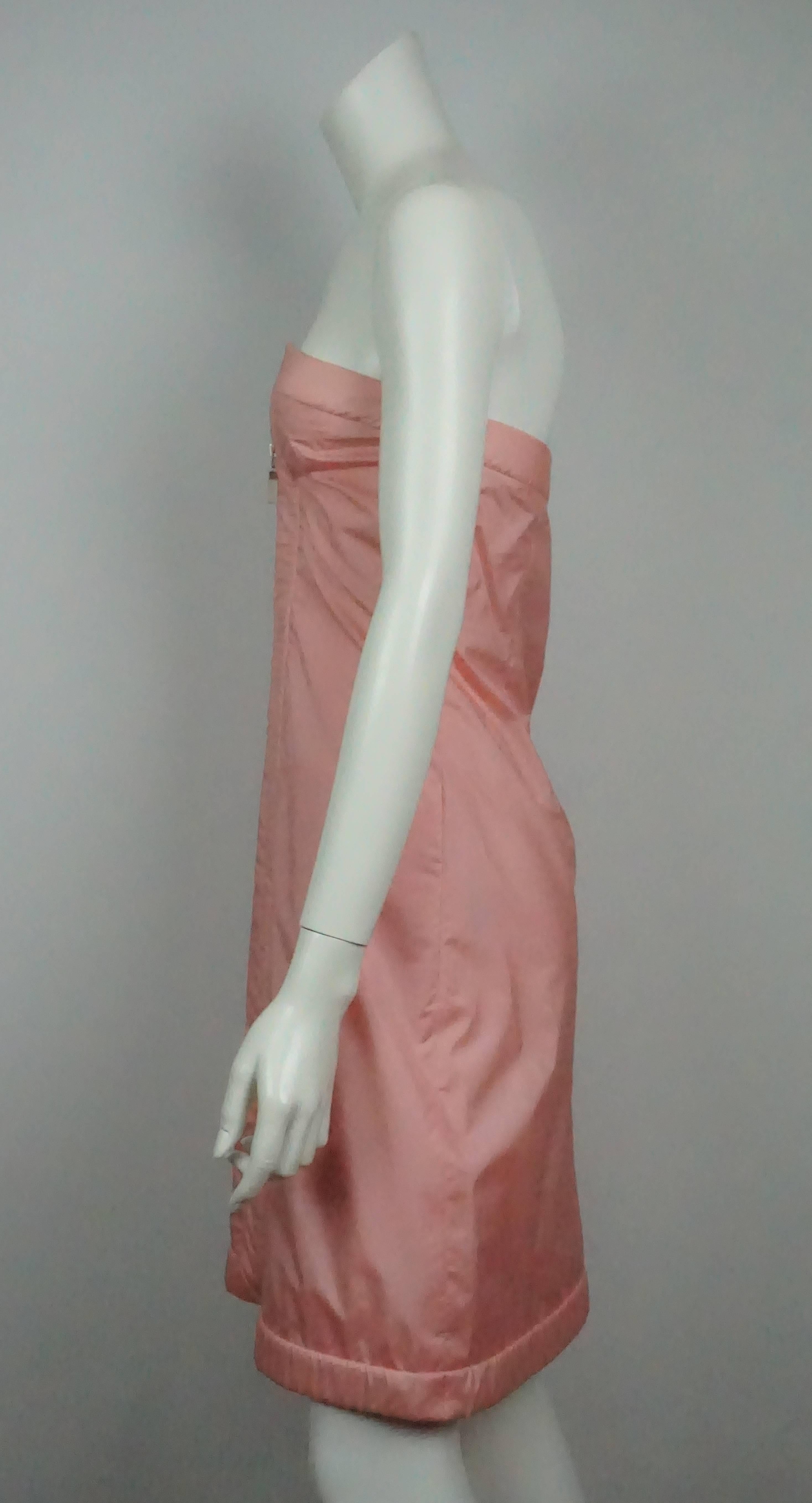 Givenchy Couture Pink Parachute Silk Strapless Dress - 38 - Circa 80's  This spectacular couture Givenchy 80's dress is made of a very unique silk parachute like material. It is strapless with a front clear nylon zipper that zips on both ends and