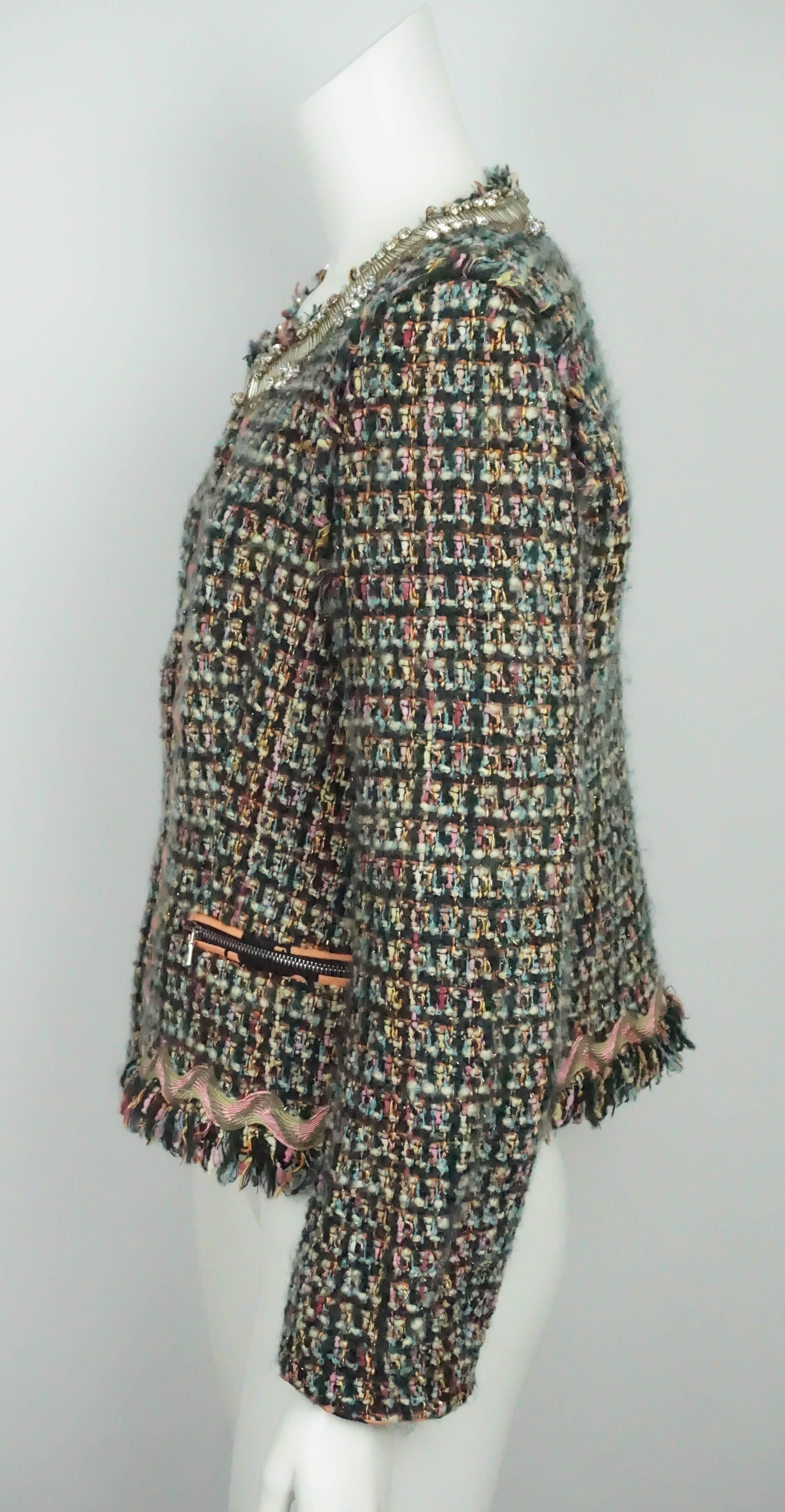 Moschino C&C Multi Color Tweed w/ Rhinestone Collar - 8   This beautiful wool tweed multi colored jacket is in excellent condition. The collar is embellished with rhinestones and large bugle beads and there is a zipper down the front and also on the