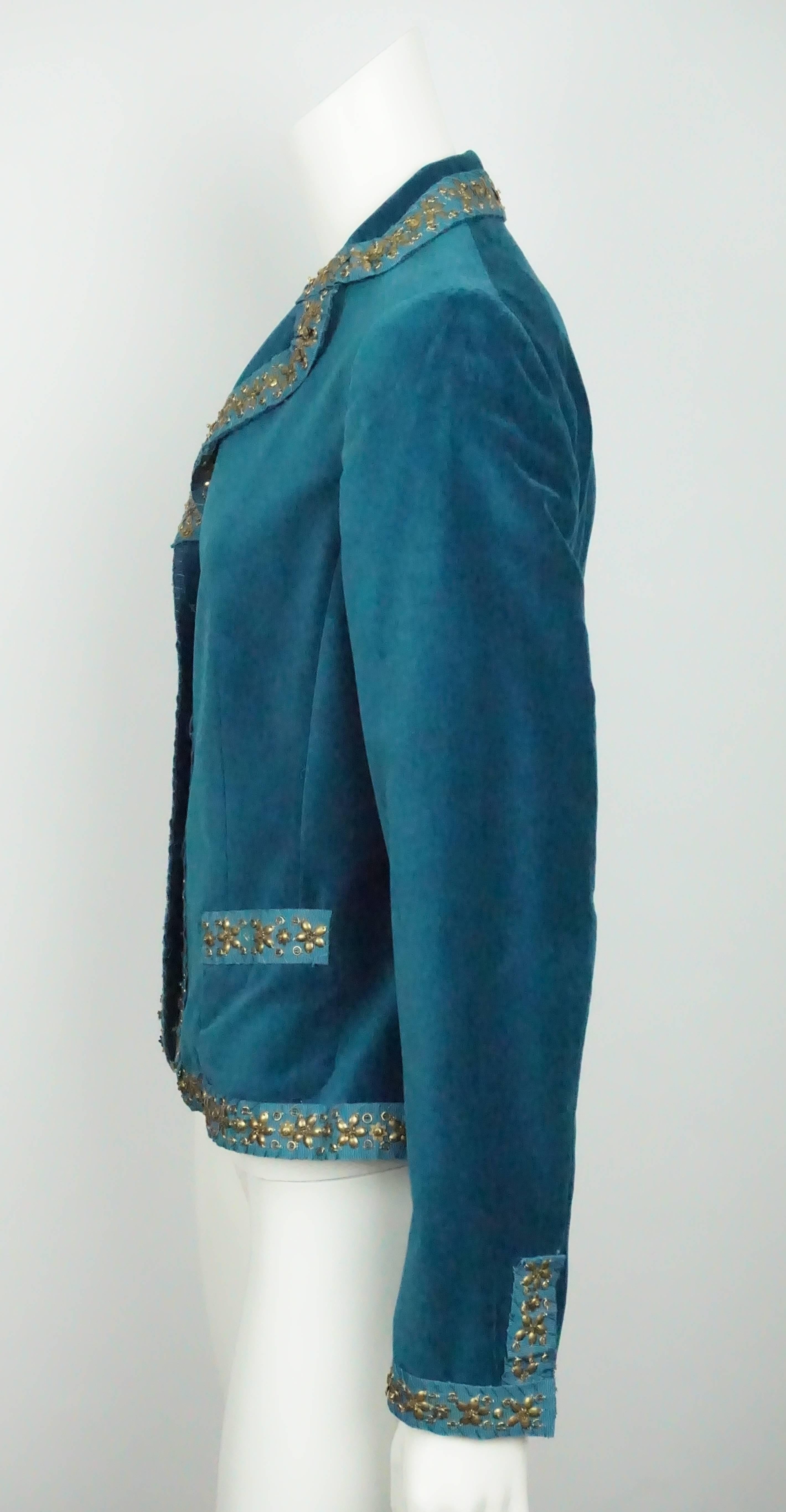 Moschino Teal Velvet w/ Gold Bead Trim Jacket - 8  This unique yet gorgeous jacket is in excellent condition. The jacket is made of a cotton blend velvet and is lined in silk. The trim around the jacket is 1.25