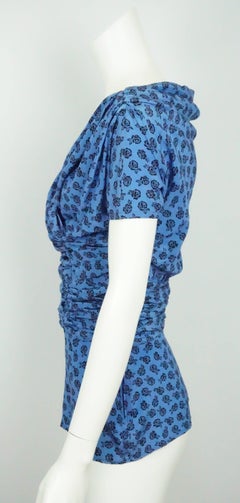 Gianni Versace Blue and Black Floral Silk Print Ruched Top - 40