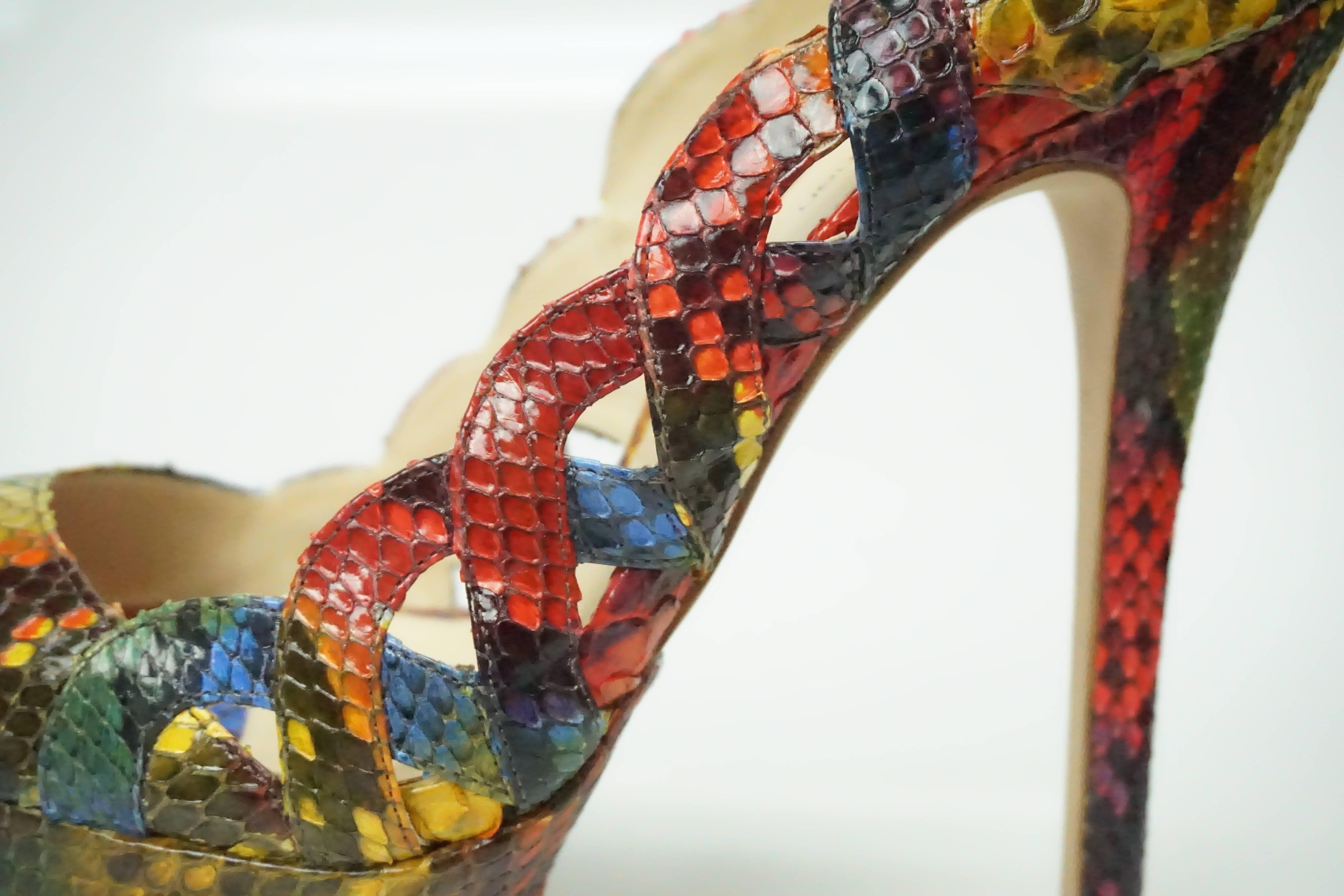 Women's Alexandre Birman Multi Color Python Peeptoe Platform Heel - 8 For Sale