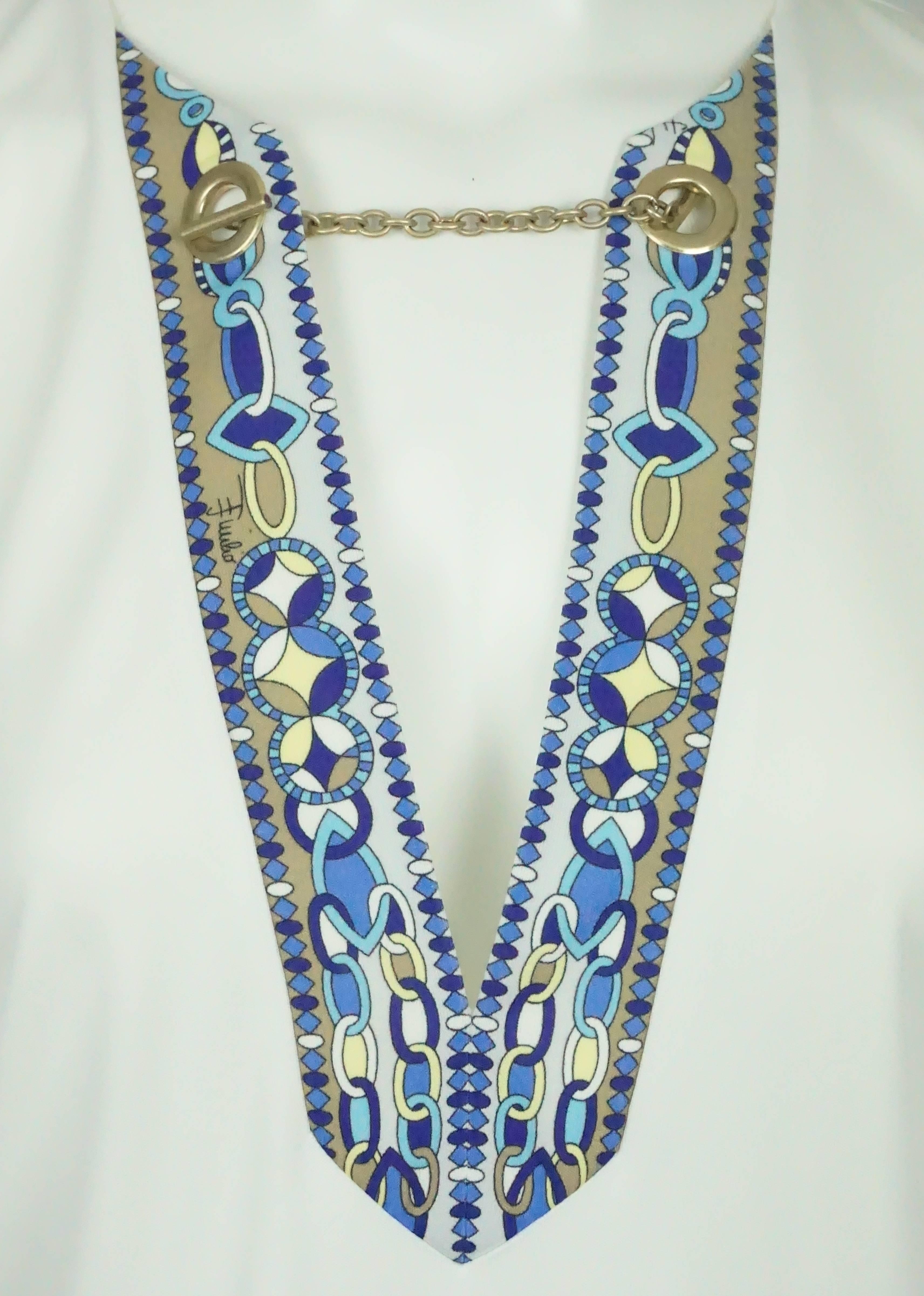 White Emilio Pucci Ivory Silk L/S Top w/ Blue Print and Chain Detail - 40
