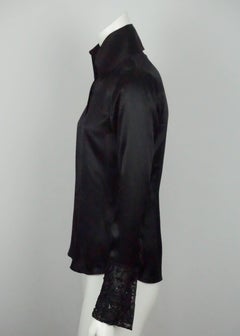 Ralph Lauren Black Label - Chemise en soie noire avec manchettes brodées et paillettes françaises - 6