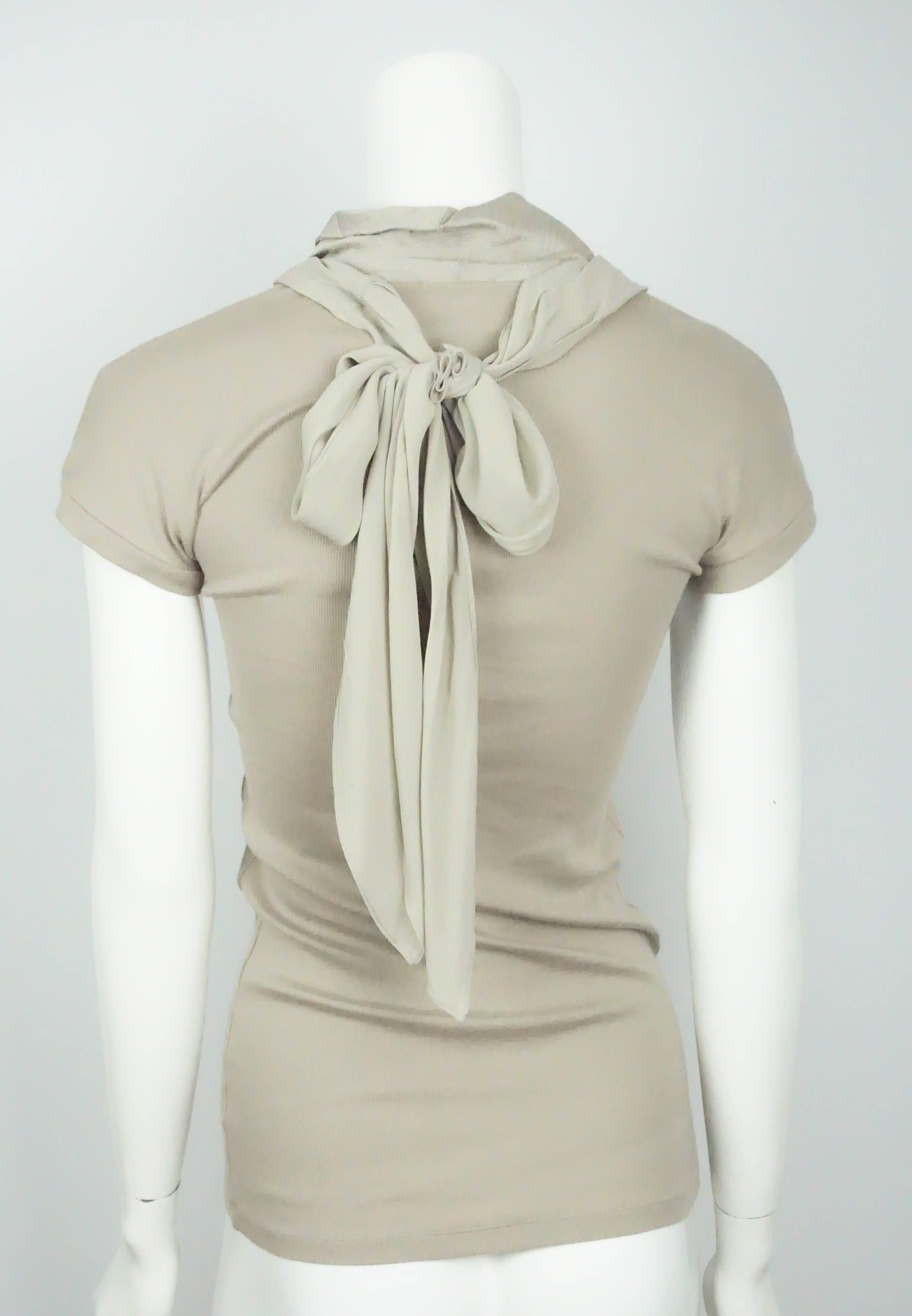 Beige Brunello Cucinelli Tan Cotton Knit S/S Top w/ Silk Collar - S