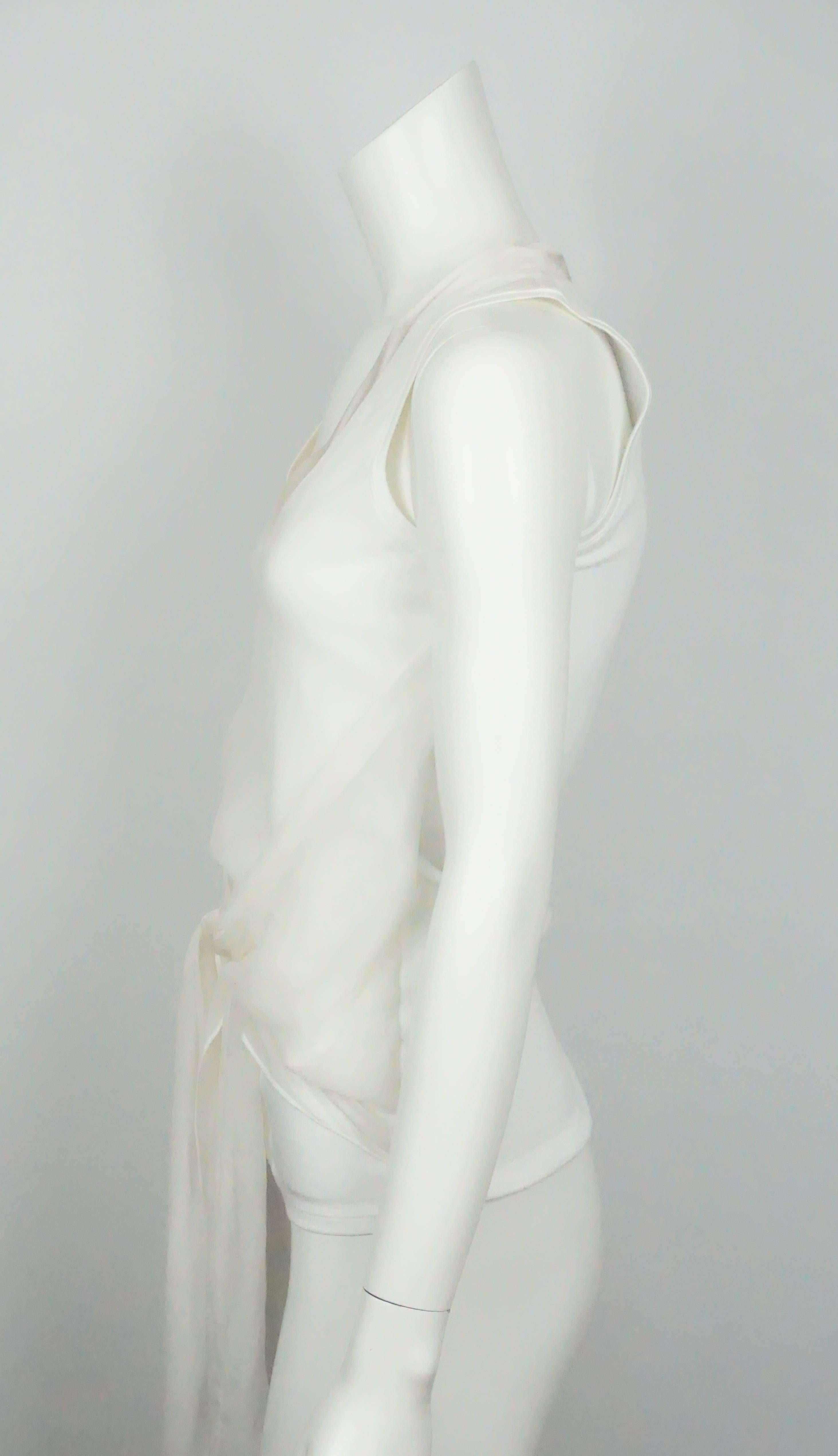 Brunello Cucinelli White Cotton Tank Top with Silk Chiffon Front Panel and Draping - M This top is a white cotton blend tank with a front silk chiffon layer that hangs a bit longer than the cotton, a scoop neckline with a silk trim and a silk