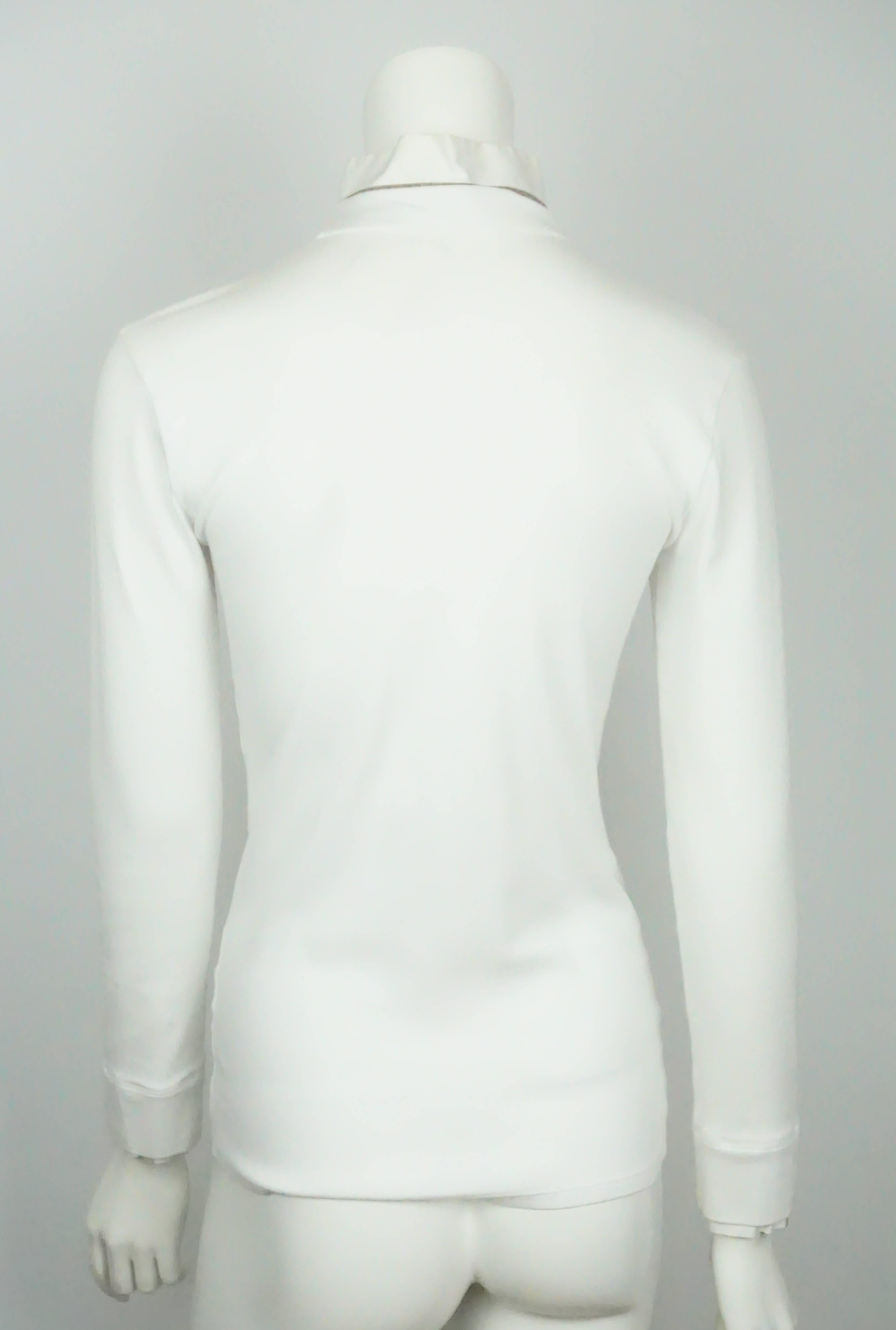 Gray Brunello Cucinelli White Cotton Knit Long Sleeve Top with mandarin collar-L