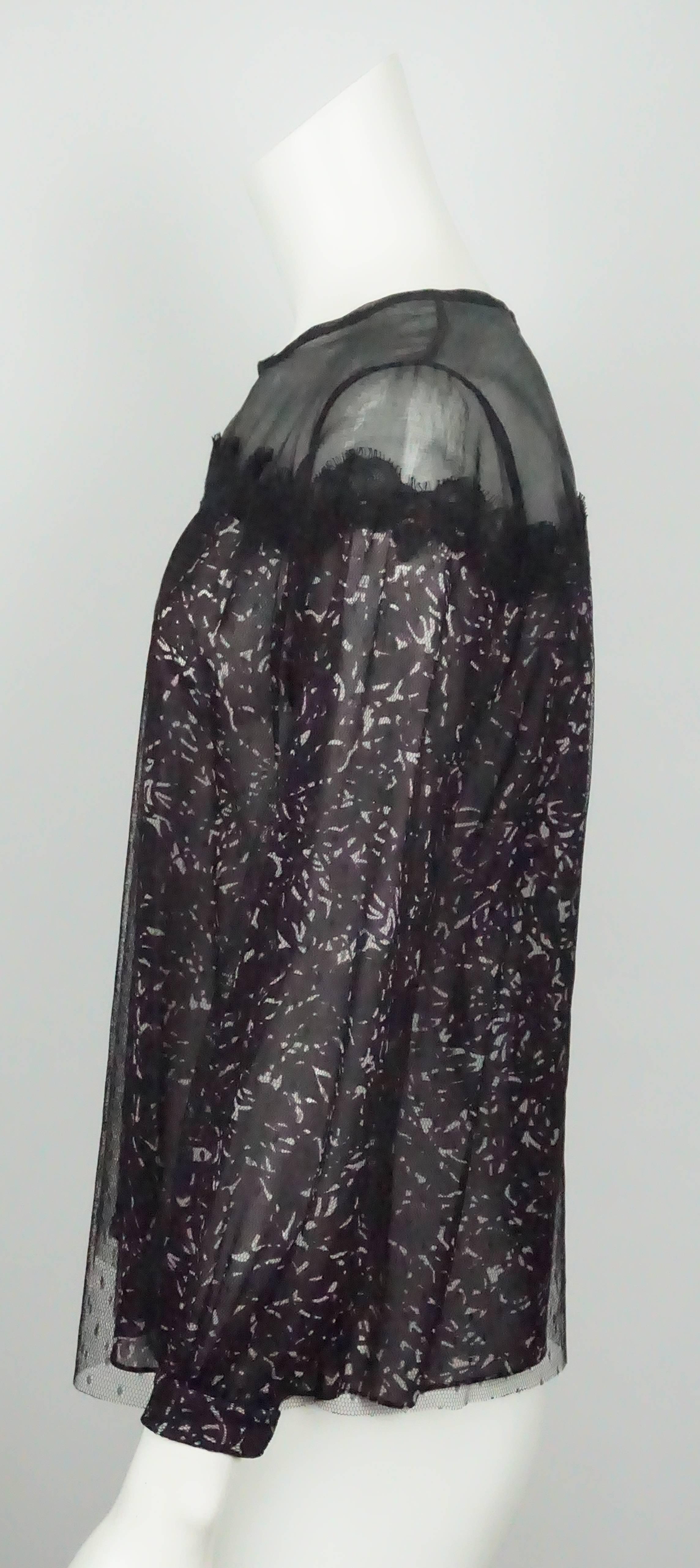 Oscar De La Renta Black/White/Purple/ Chiffon Print Top - 8  This beautiful lace and nylon top is in excellent condition. The top is made of a small print in black, purple, and white. It has an extra layer of tulle that has a polka dot detail on the