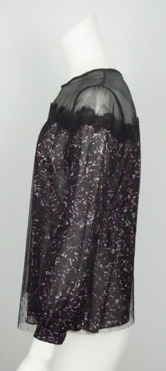 Oscar De La Renta Black/White/Purple/ Chiffon Print Top - 8
