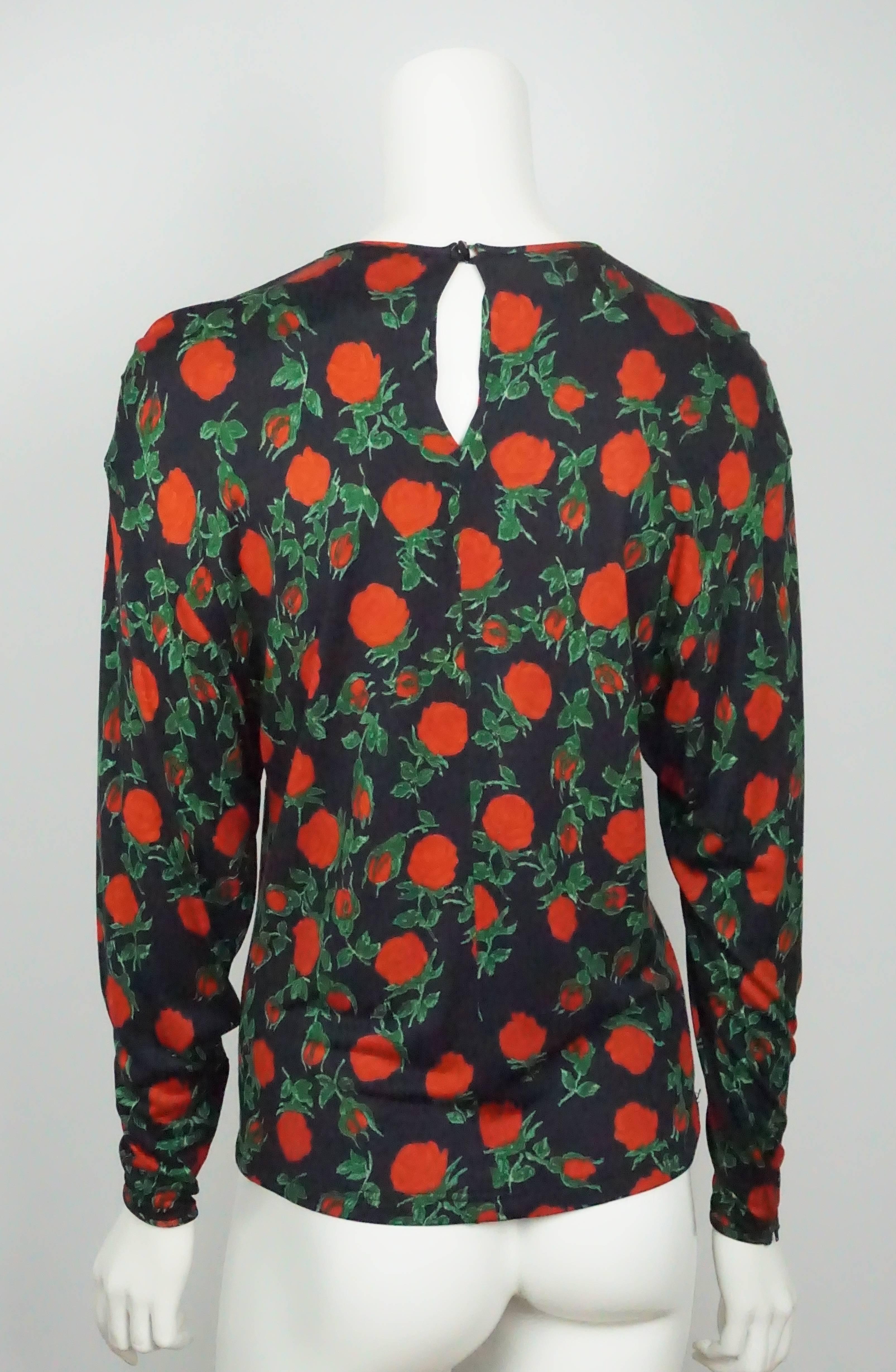 Ungaro Vintage Black and Red Floral  Cotton Jersey Top - 6 - Circa 80's In Good Condition For Sale In West Palm Beach, FL
