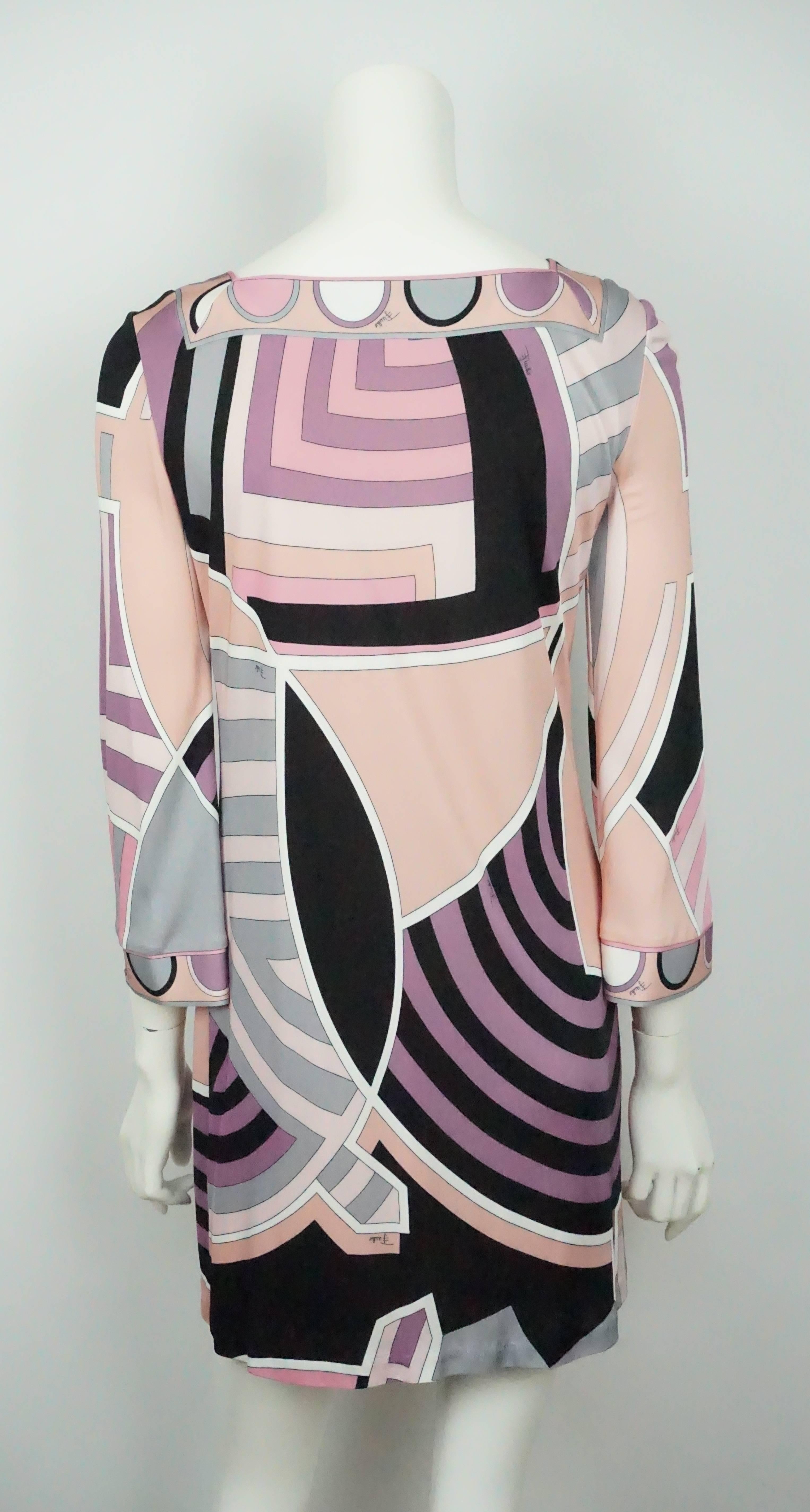 Gray Emilio Pucci Pink, Black, and Earthtones Printed L/S Dress - 6 For Sale