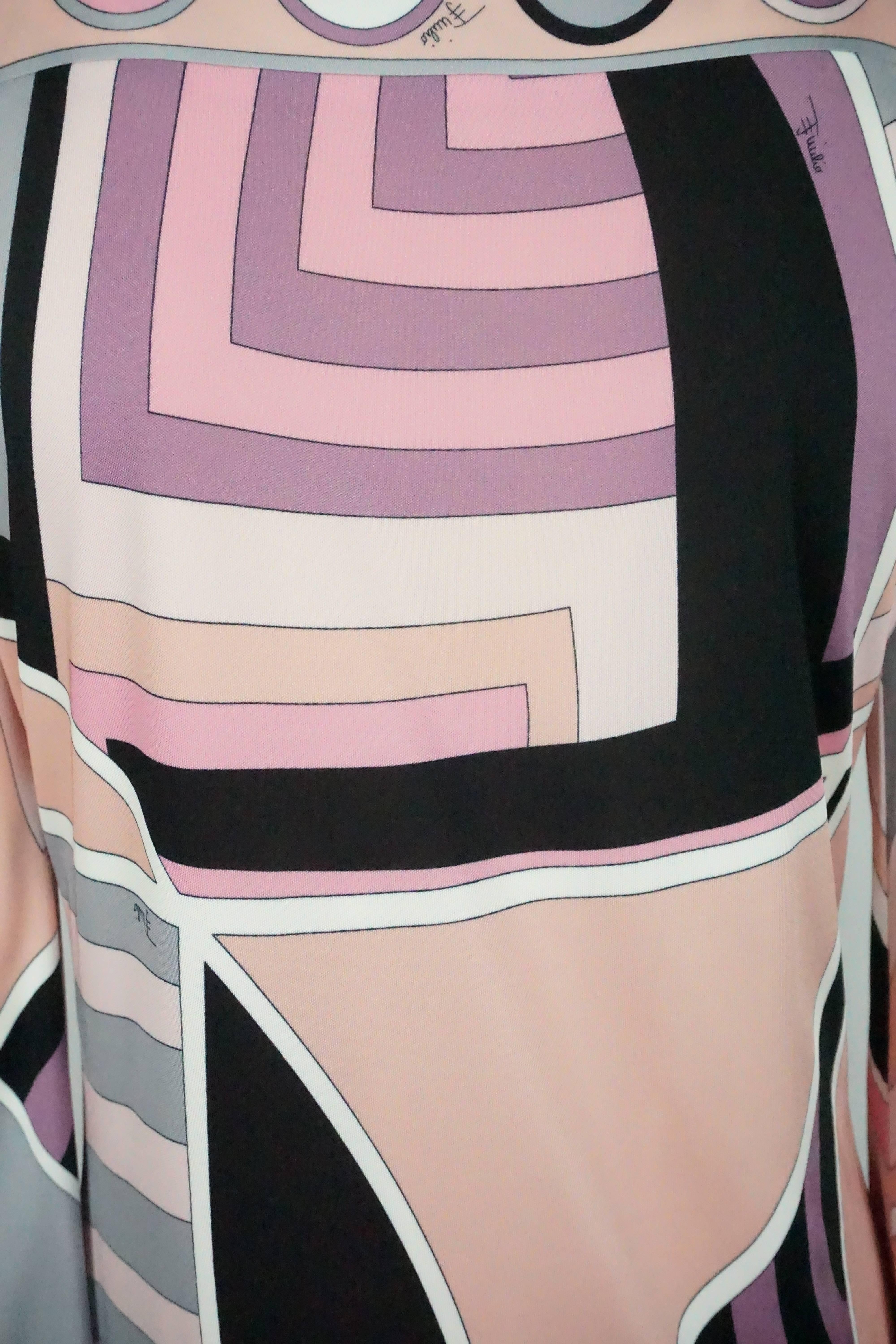 Emilio Pucci Pink, Black, and Earthtones Printed L/S Dress - 6 In Excellent Condition For Sale In West Palm Beach, FL