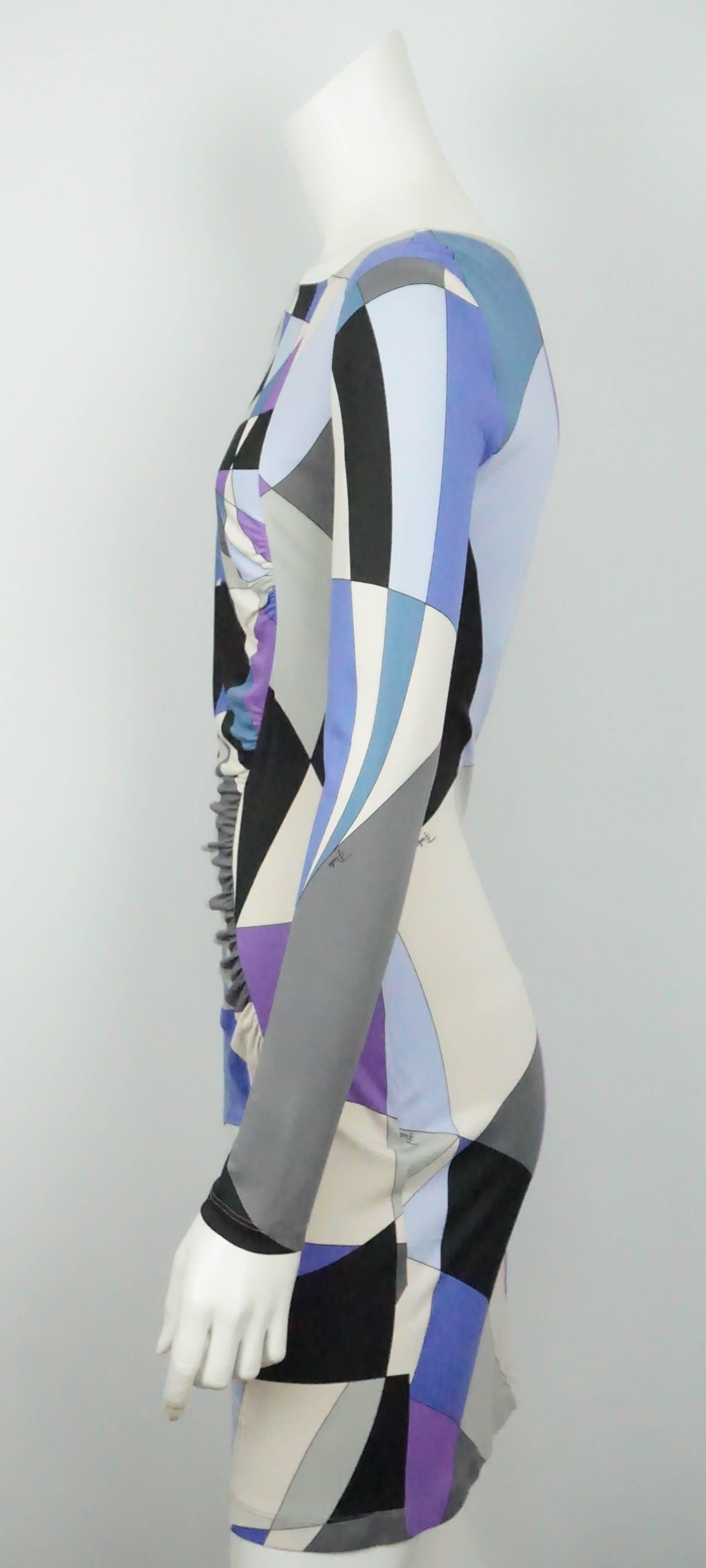 Emilio Pucci Blue Printed LS Dress - 10  This beautiful viscose dress is in excellent condition. The dress has a round neckline and is long sleeved. It also has an interesting ruching detail in the front of the dress. It is lined but only on the
