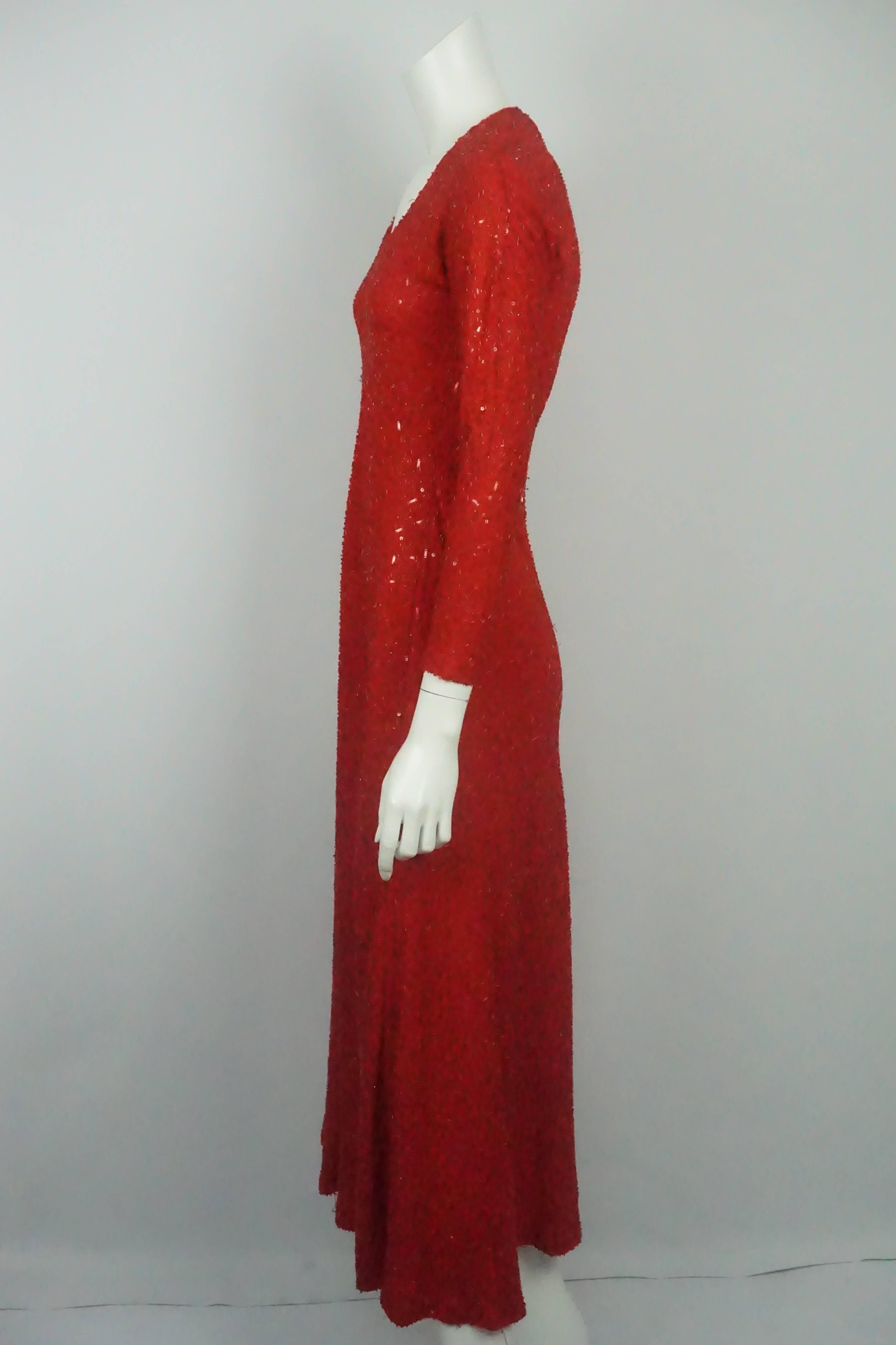 Naeem Khan Red Fully Beaded Long Sleeve Gown - Small  This jersey, fully beaded gown is in good condition with some areas with minor beads missing but the gown was taken in and has extra fabric with beads inside so it can be repaired wherever