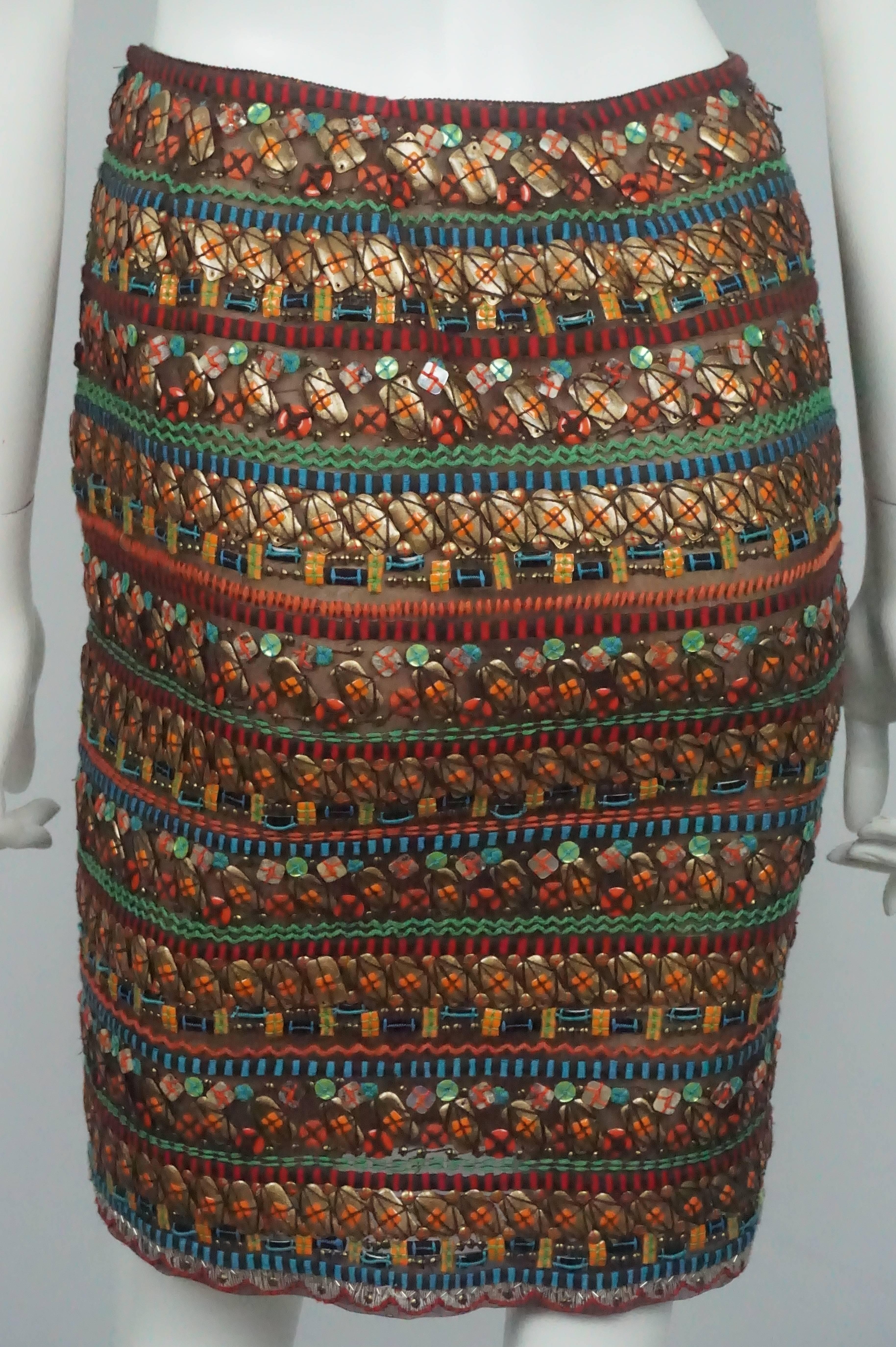 Black Oscar De La Renta Multi Colored Beaded Stone Skirt - Small 